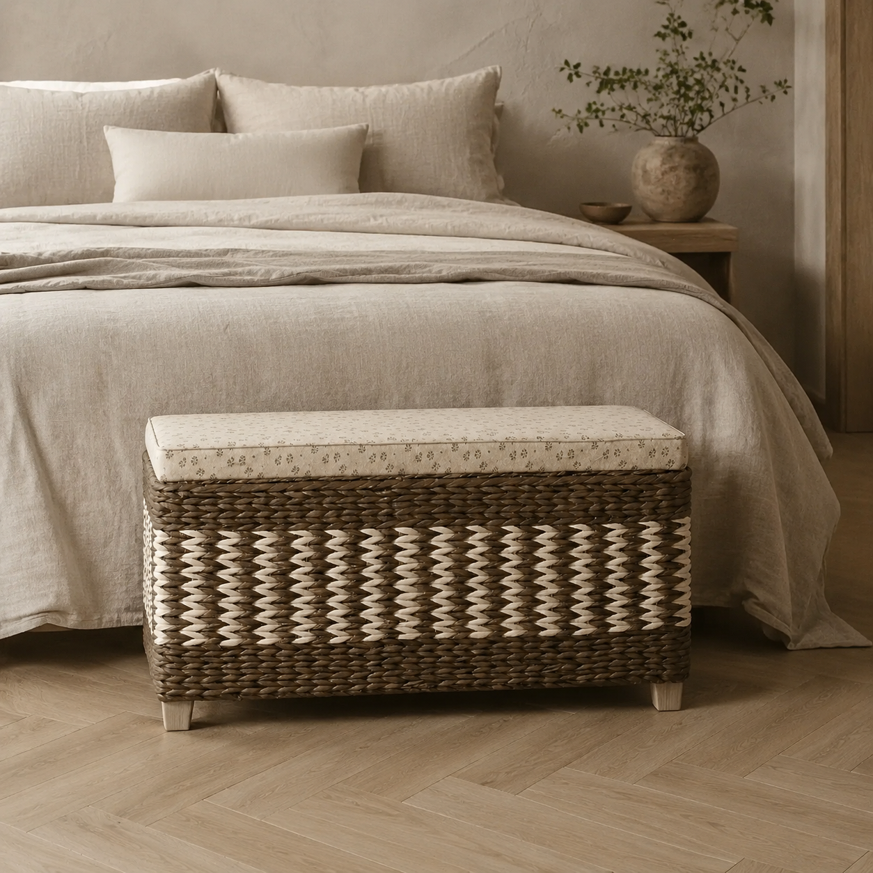 Banc coffre en rotin, assise rembourrée