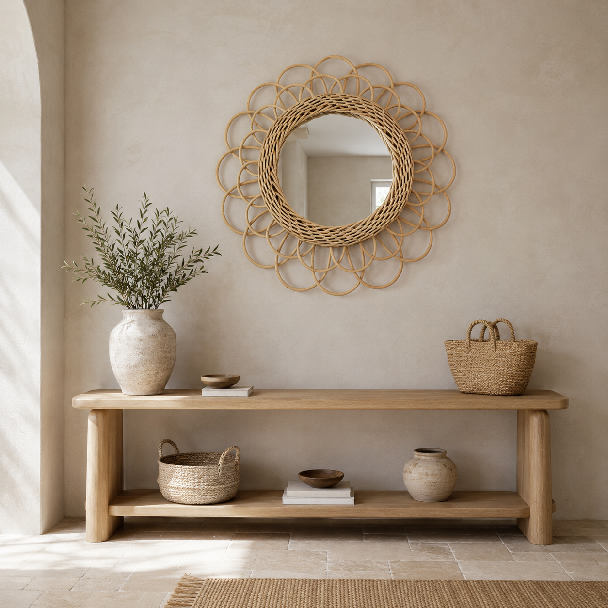 Grand miroir fleur en rotin