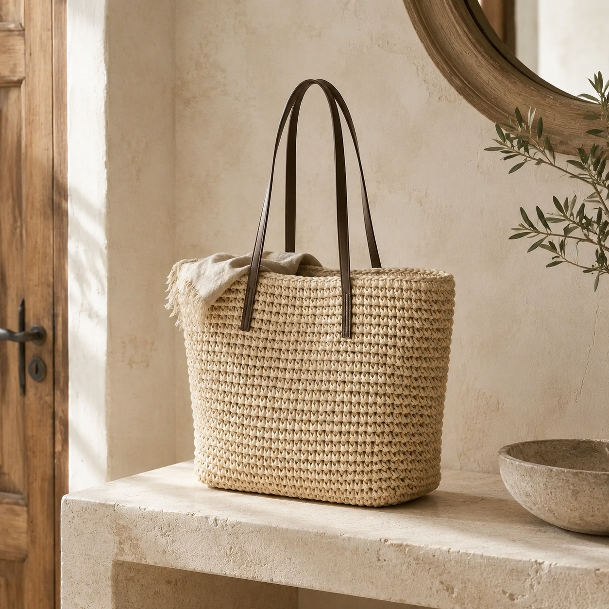 Sac cabas en rotin tressé, grande capacité