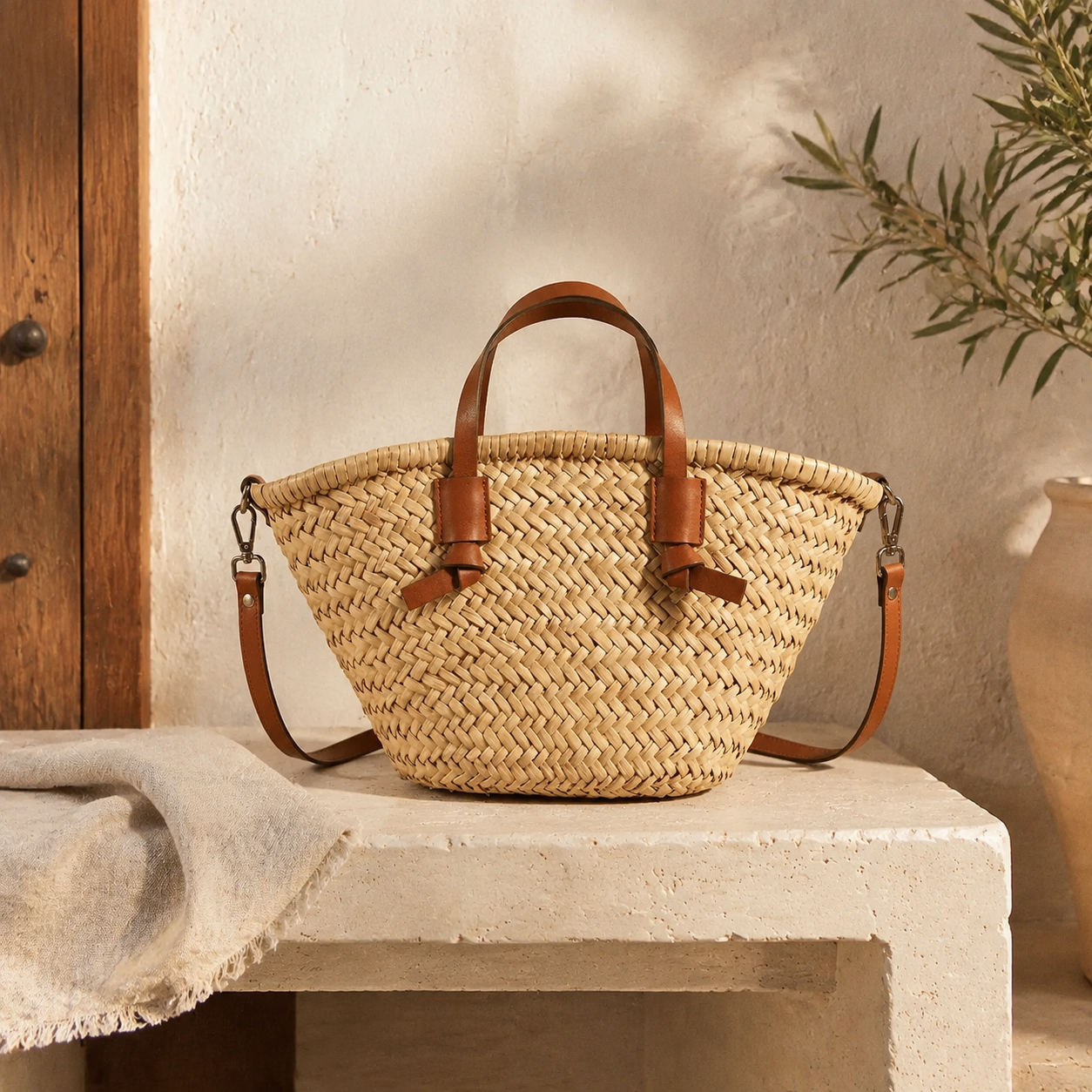 Sac en rotin chic, anses aspect cuir