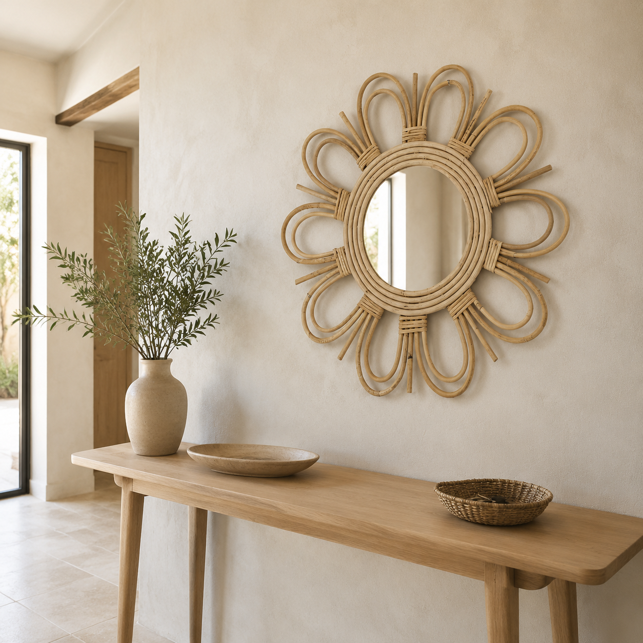 Miroir fleur double en rotin
