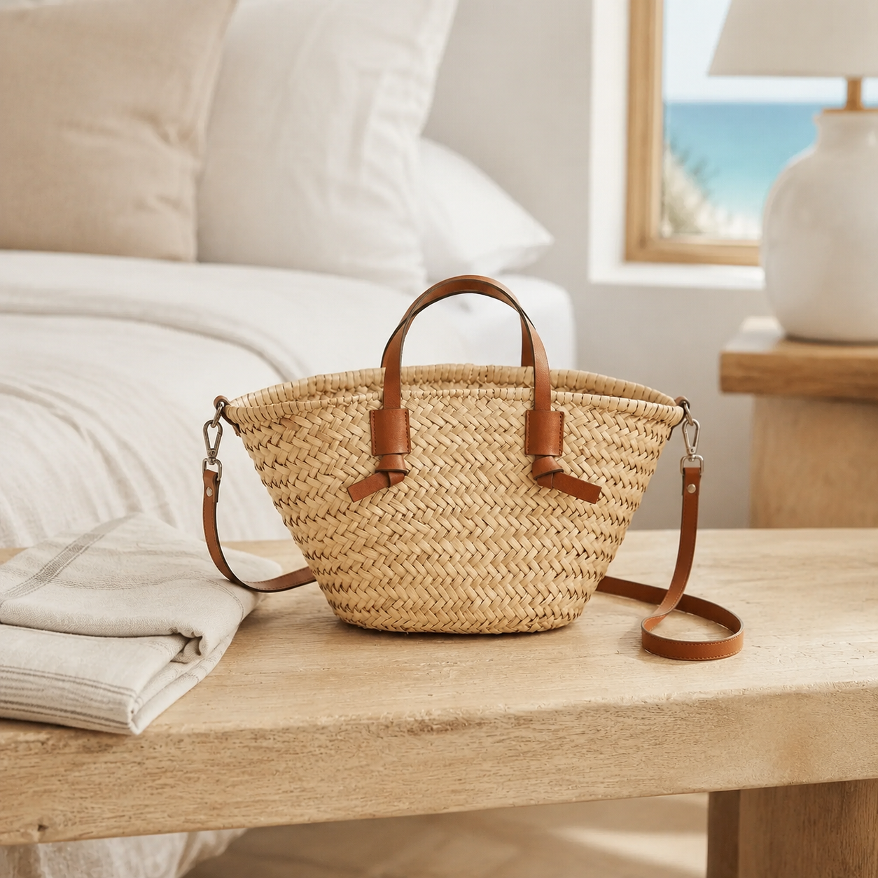 Sac en rotin chic, anses aspect cuir