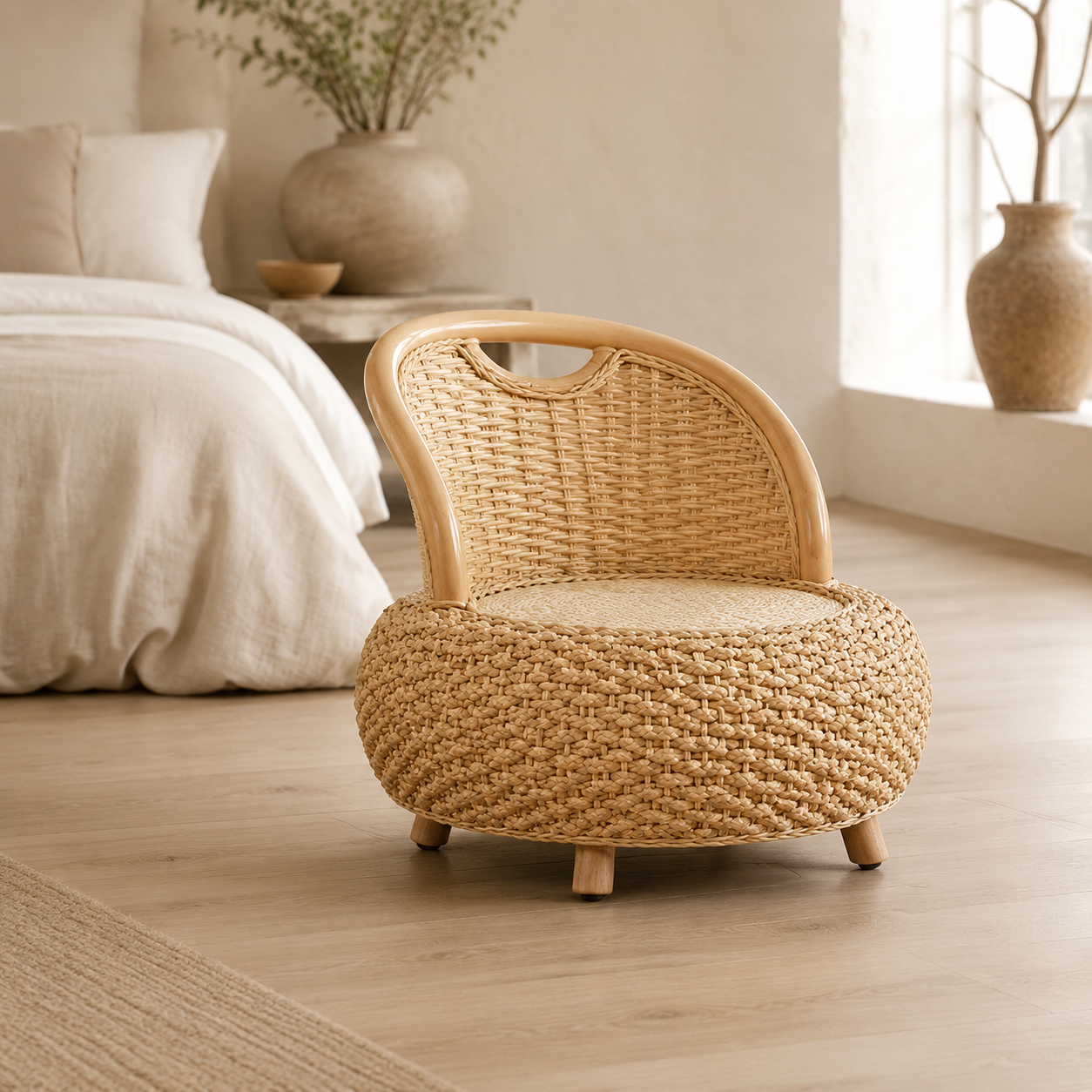 Mini fauteuil bas en rotin beige