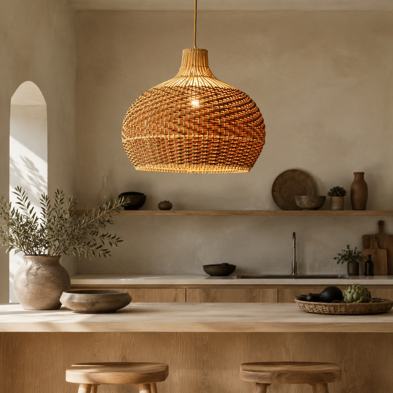 Lampe suspendue en rotin vintage, design rétro
