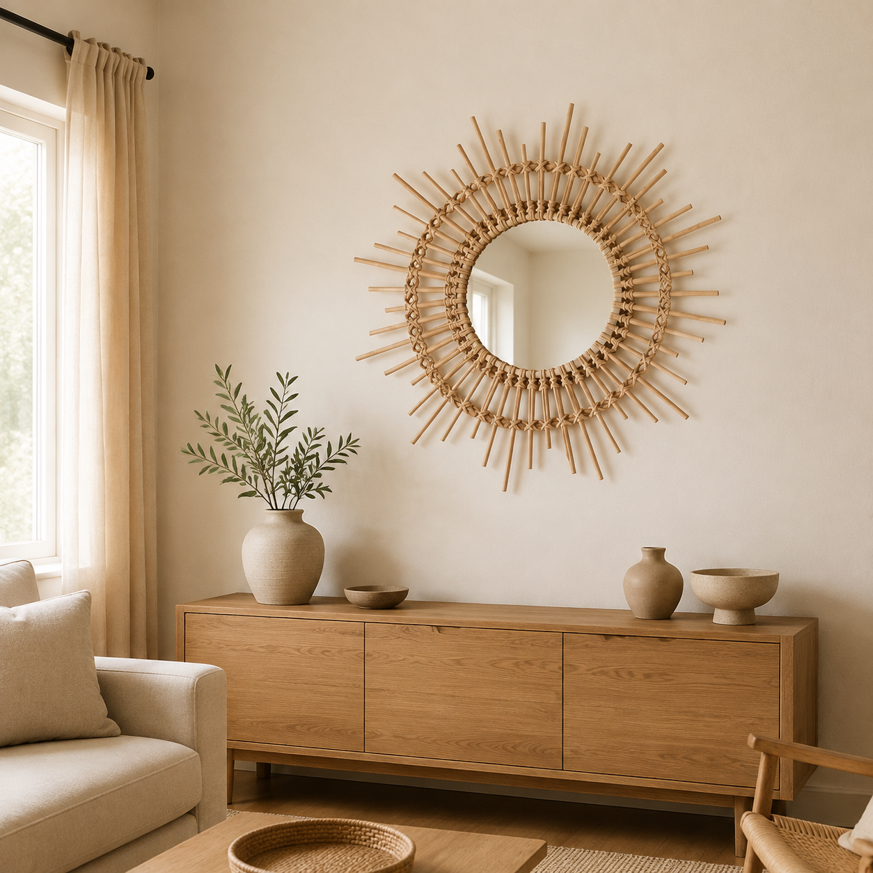 Miroir soleil rayonnant en rotin