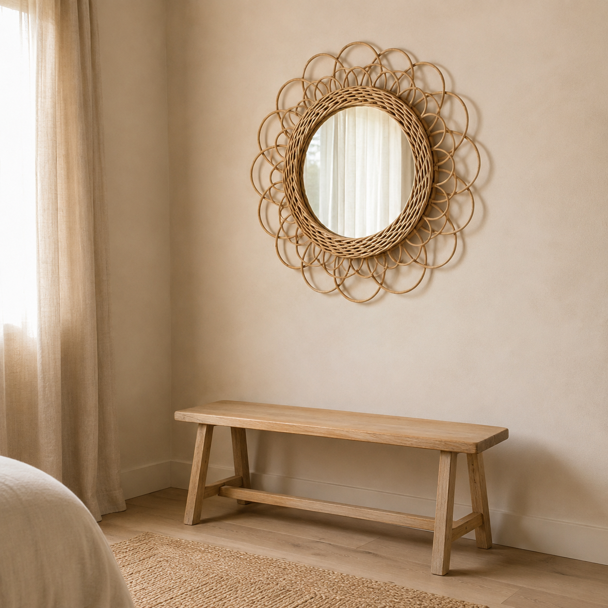 Grand miroir fleur en rotin