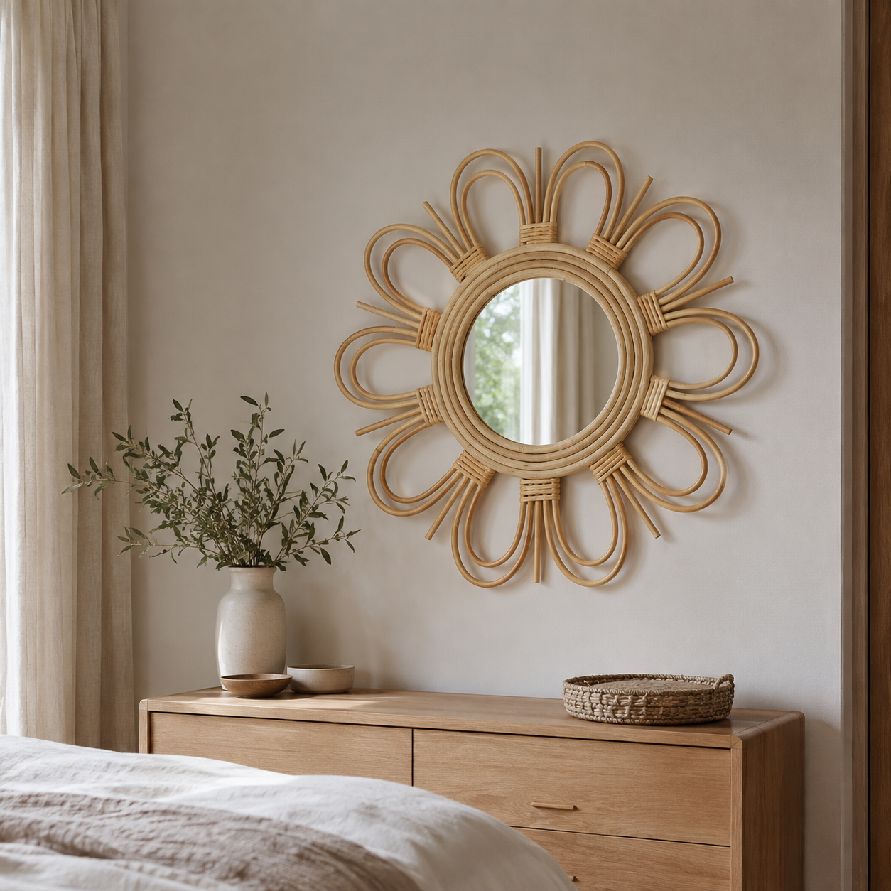 Miroir fleur double en rotin