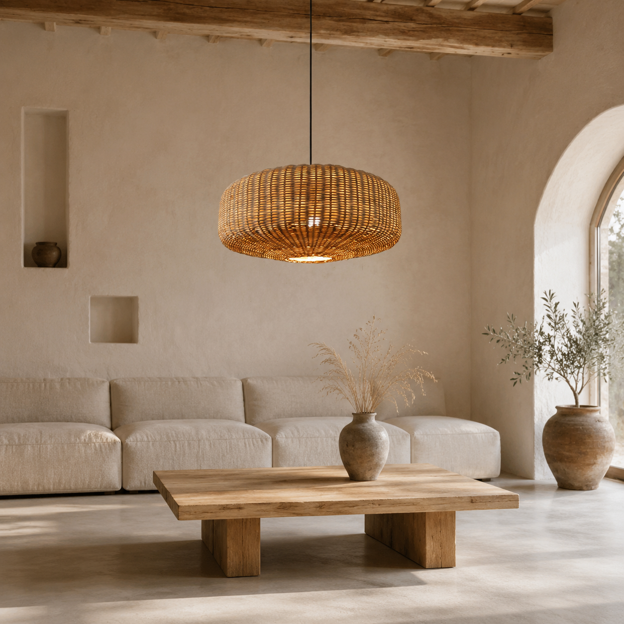 Lampe suspendue chinoise en rotin, design rétro