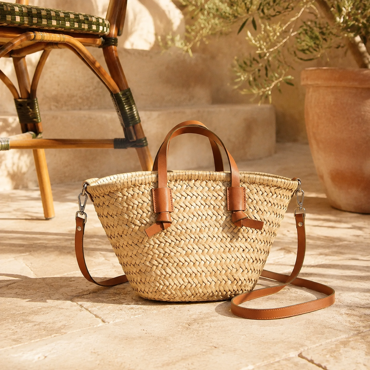 Sac en rotin chic, anses aspect cuir