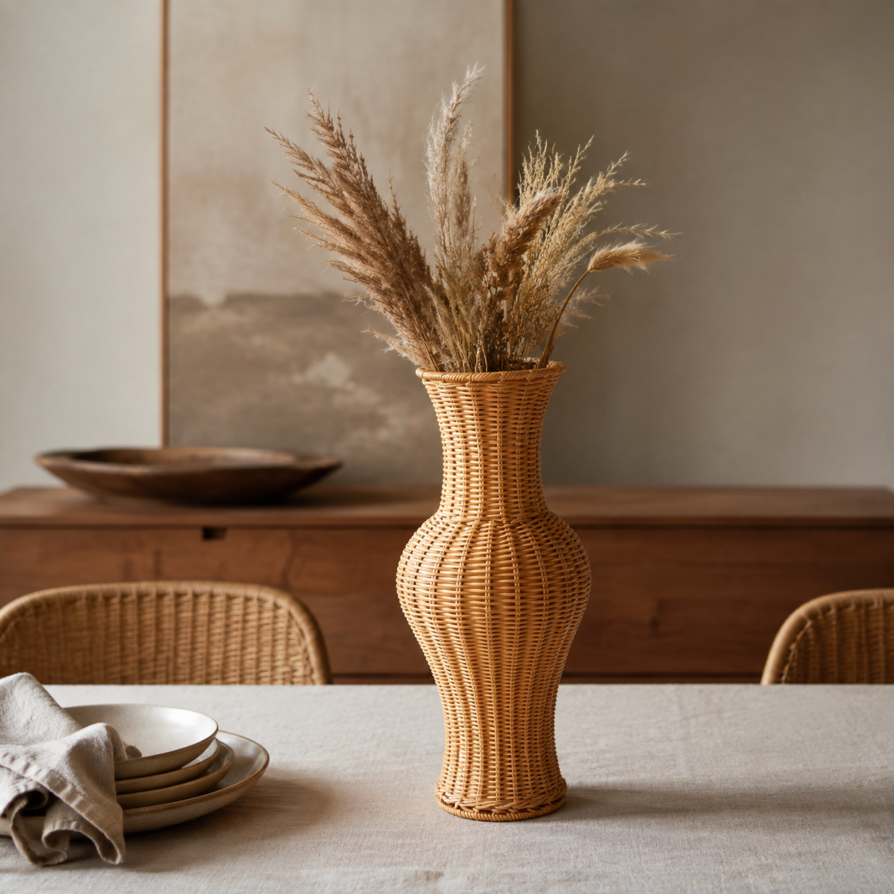 Vase en rotin galbé, style amphore