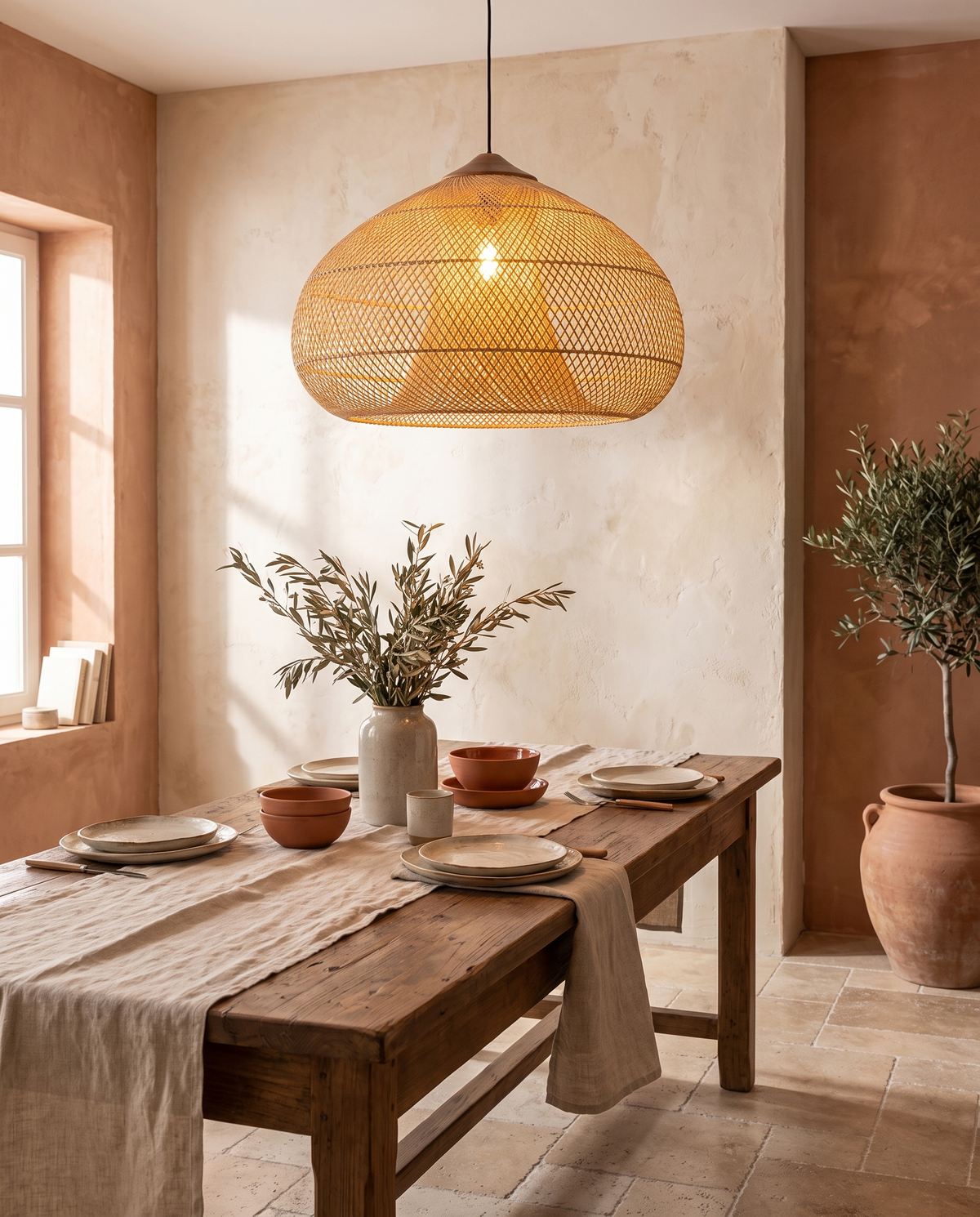 Lustre alvéolé en bambou et bois en situation dans un intérieur