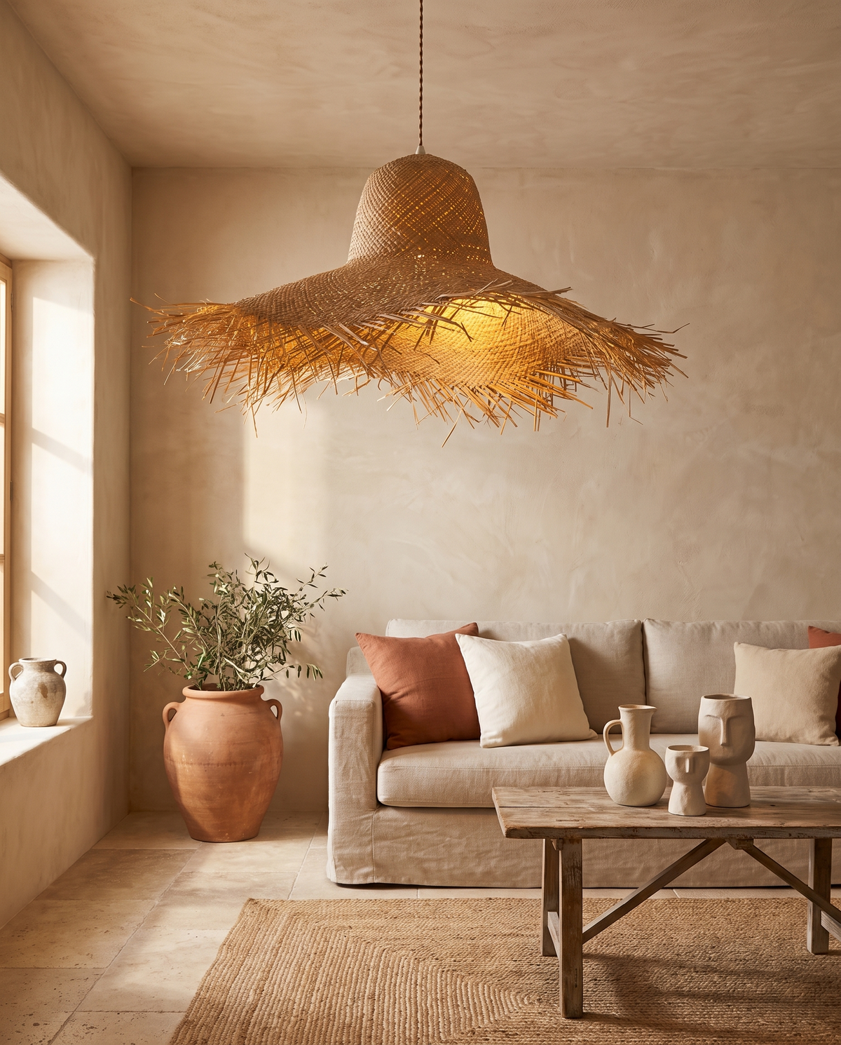 Suspension cloche en rotin et fer en situation dans un intérieur