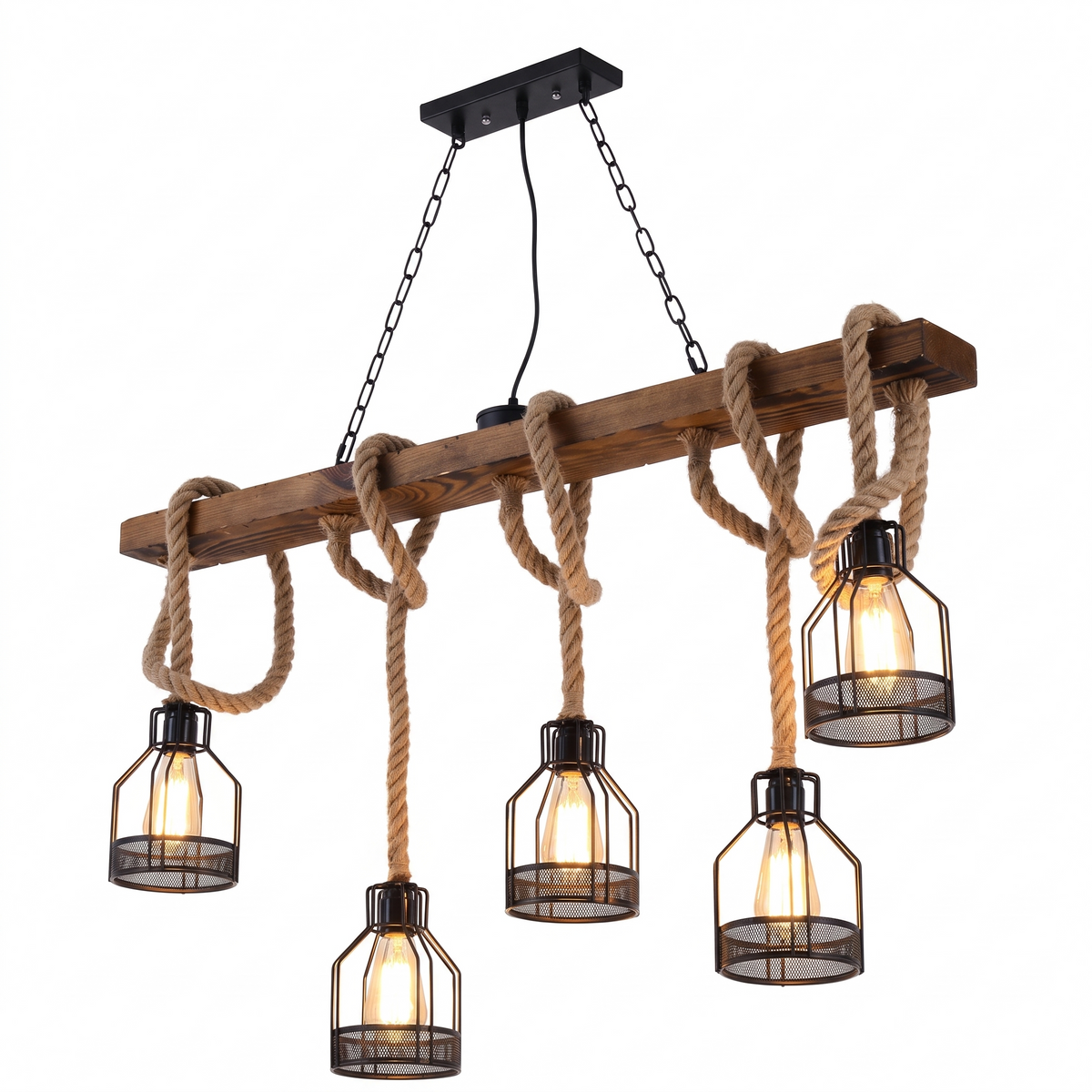 Lustre industriel en bois sur fond blanc