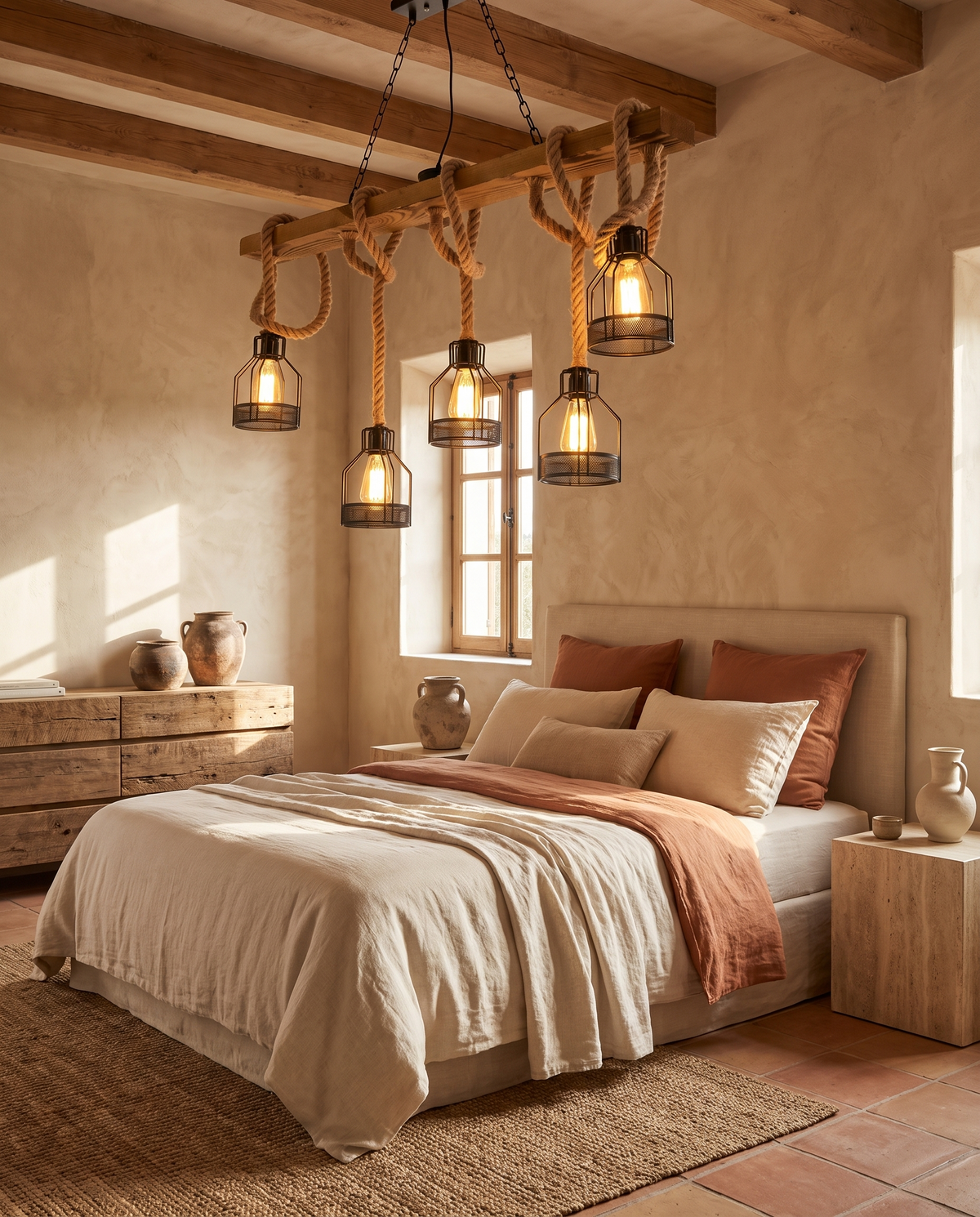 Lustre industriel en bois en situation dans un intérieur
