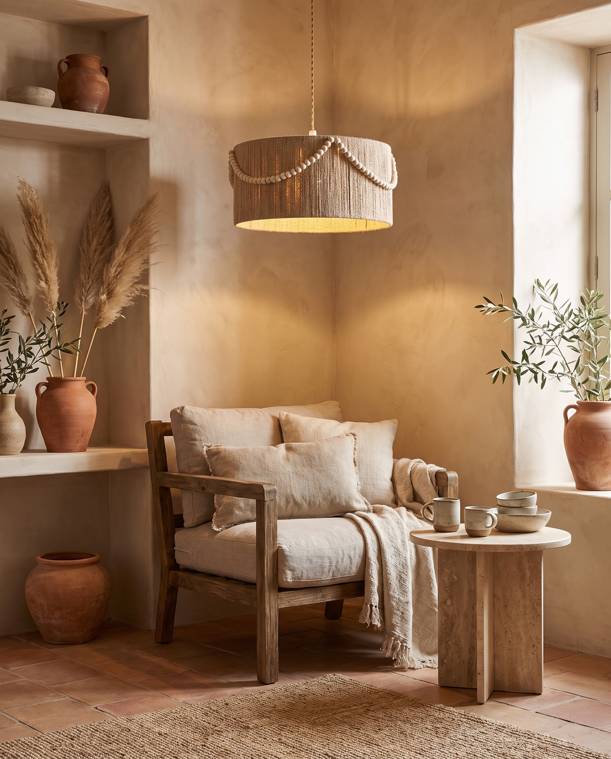 Suspension en tissu effet rotin et perles de bois en situation dans un intérieur