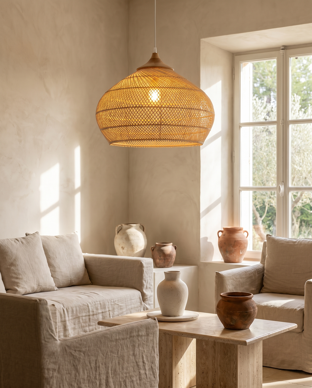 Suspension cloche évasée en rotin en situation dans un intérieur