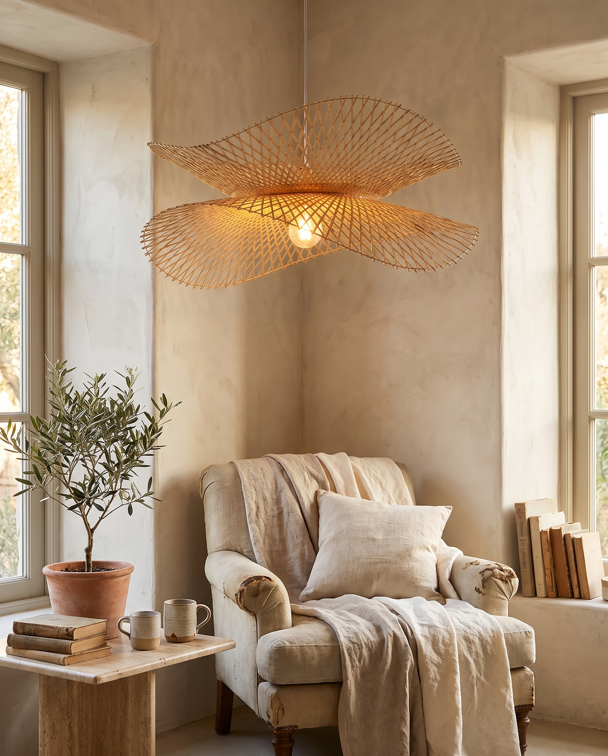 Lustre double en rotin et bambou en situation dans un intérieur