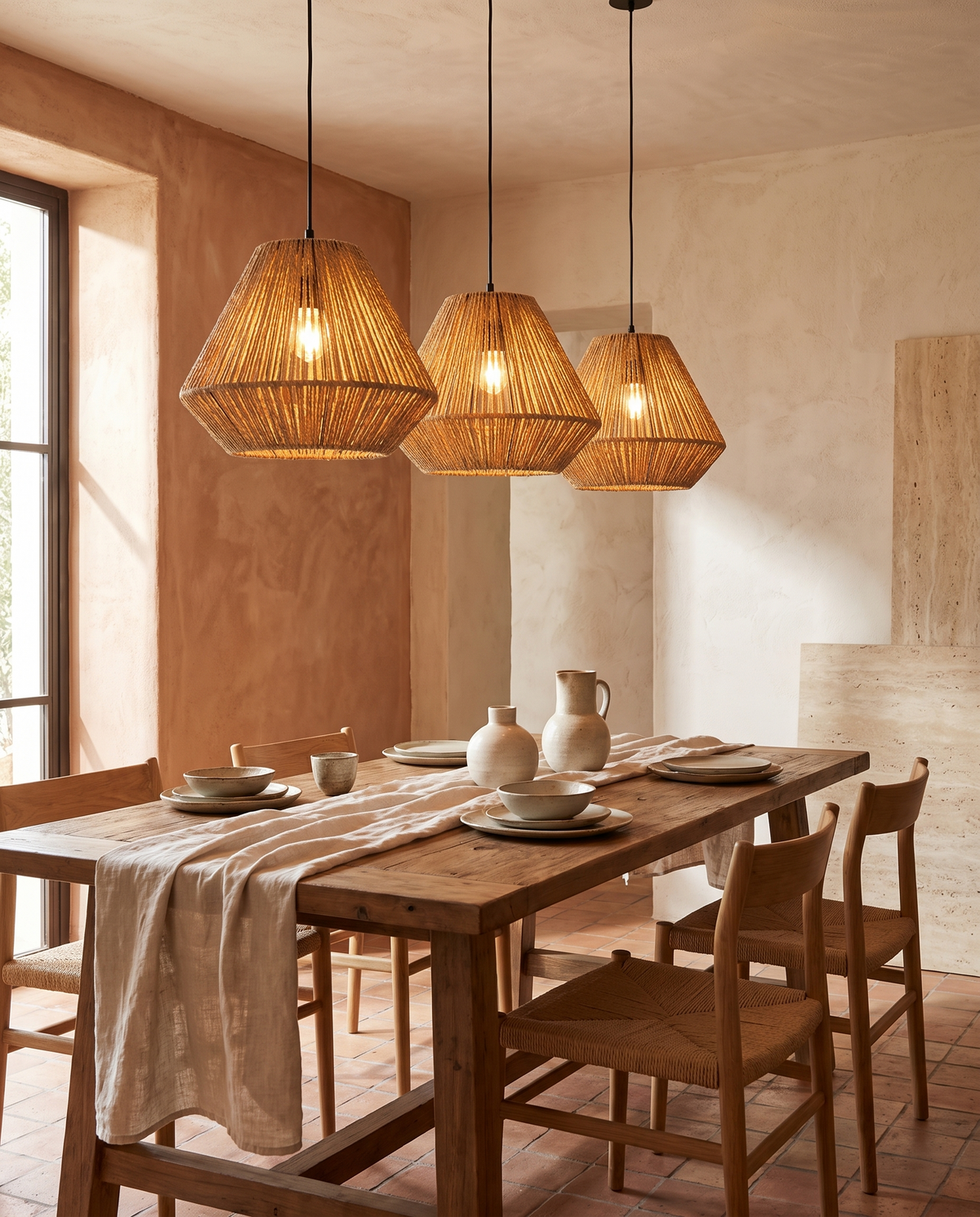 Lustre 3 feux en rotin et métal en situation dans un intérieur