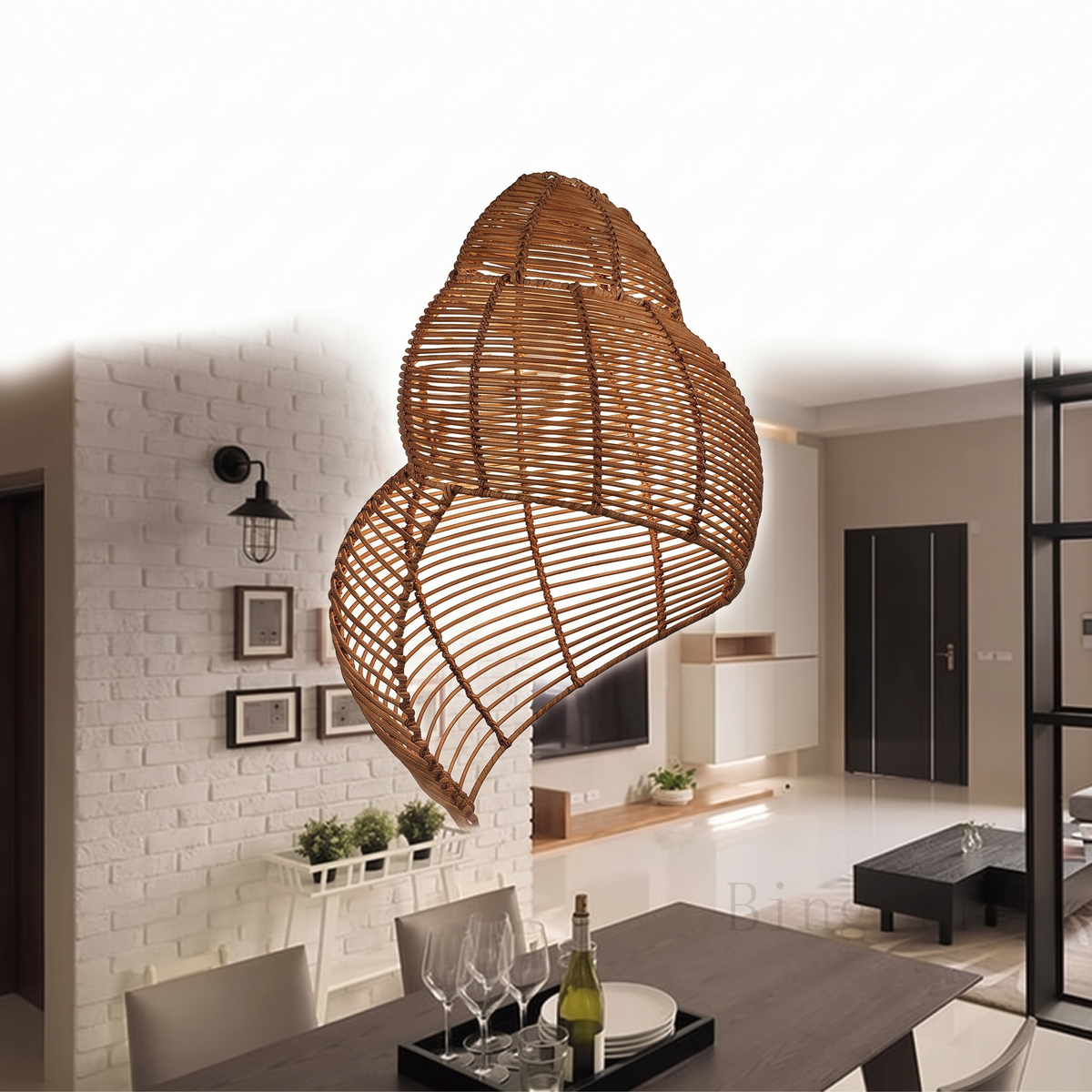 Suspension coquillage en rotin sur fond blanc