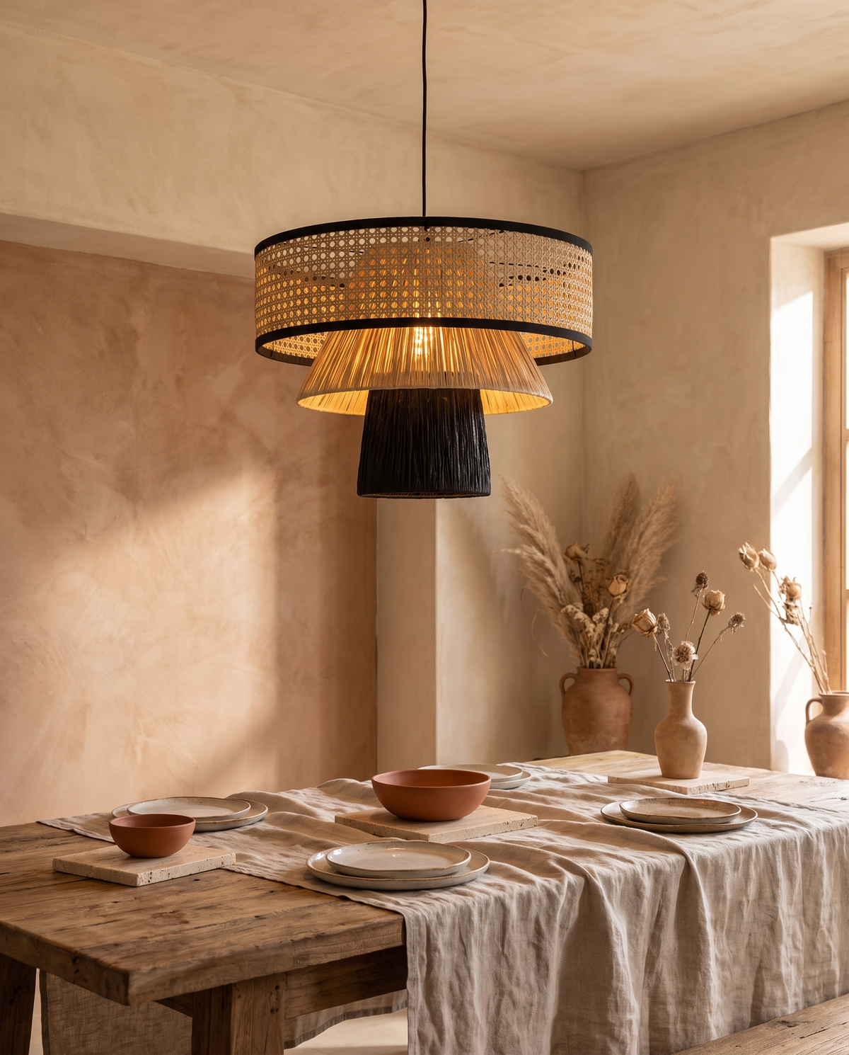 Suspension champignon en rotin beige et noir en situation dans un intérieur