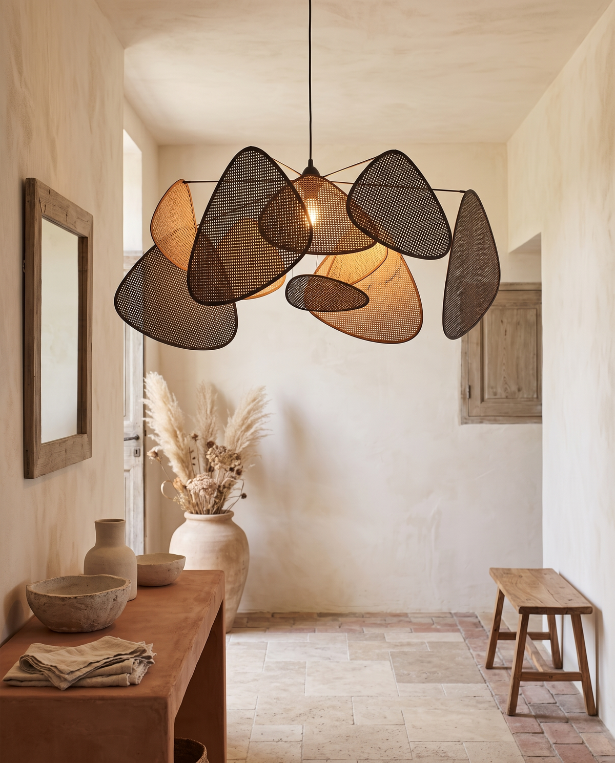 Lustre multi-panneaux en rotin noir en situation dans un intérieur