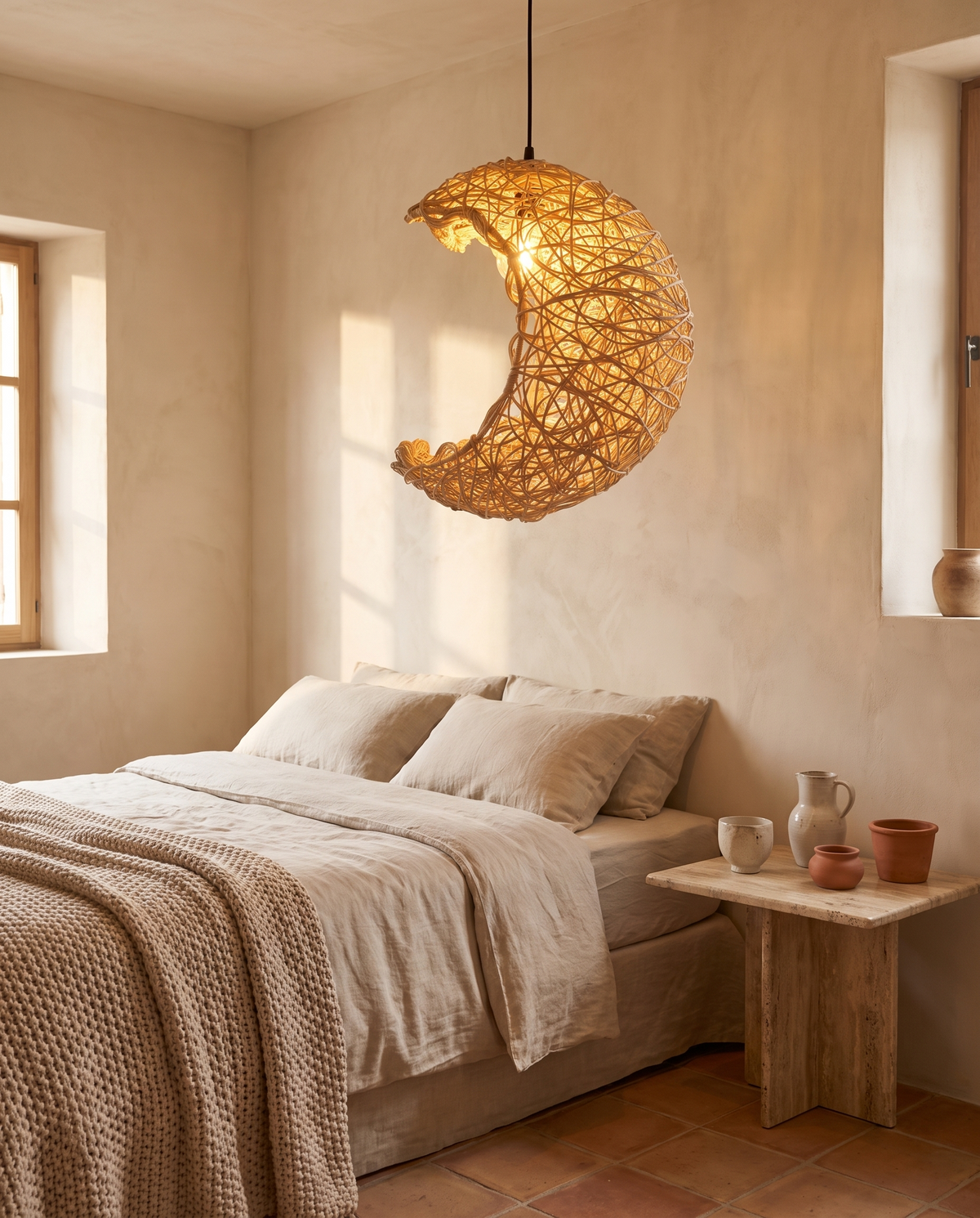 Suspension lune en rotin et bambou en situation dans un intérieur