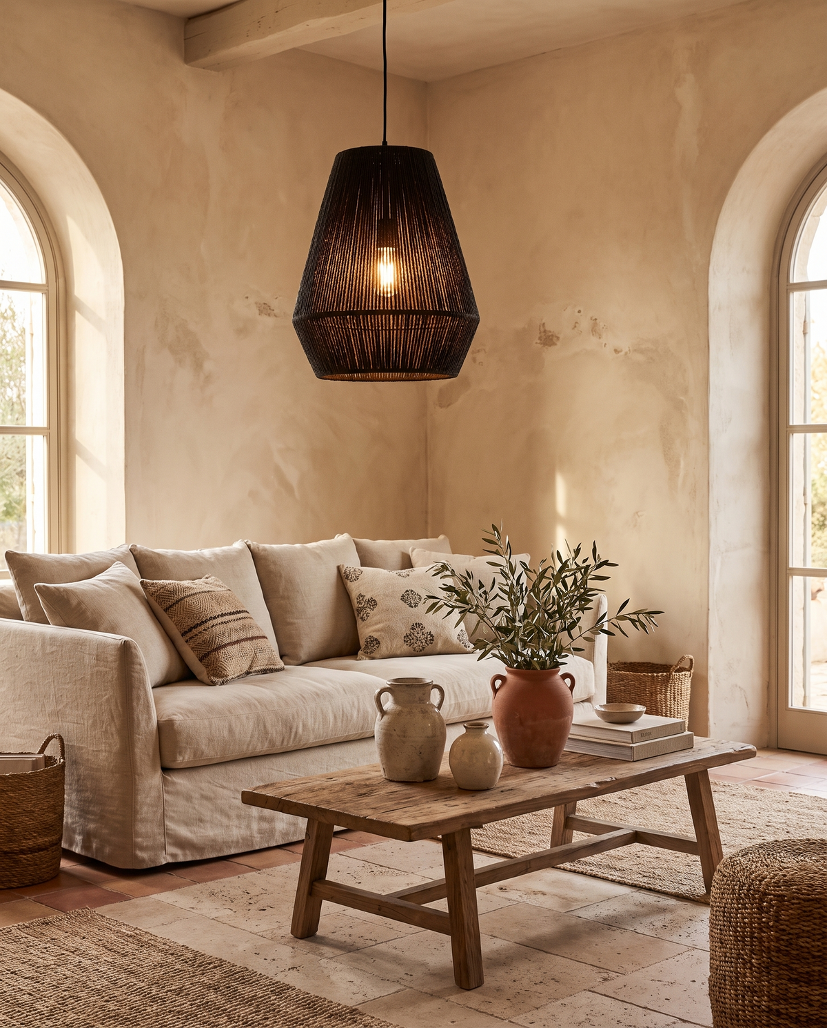 Petite suspension cloche en rotin noir en situation dans un intérieur