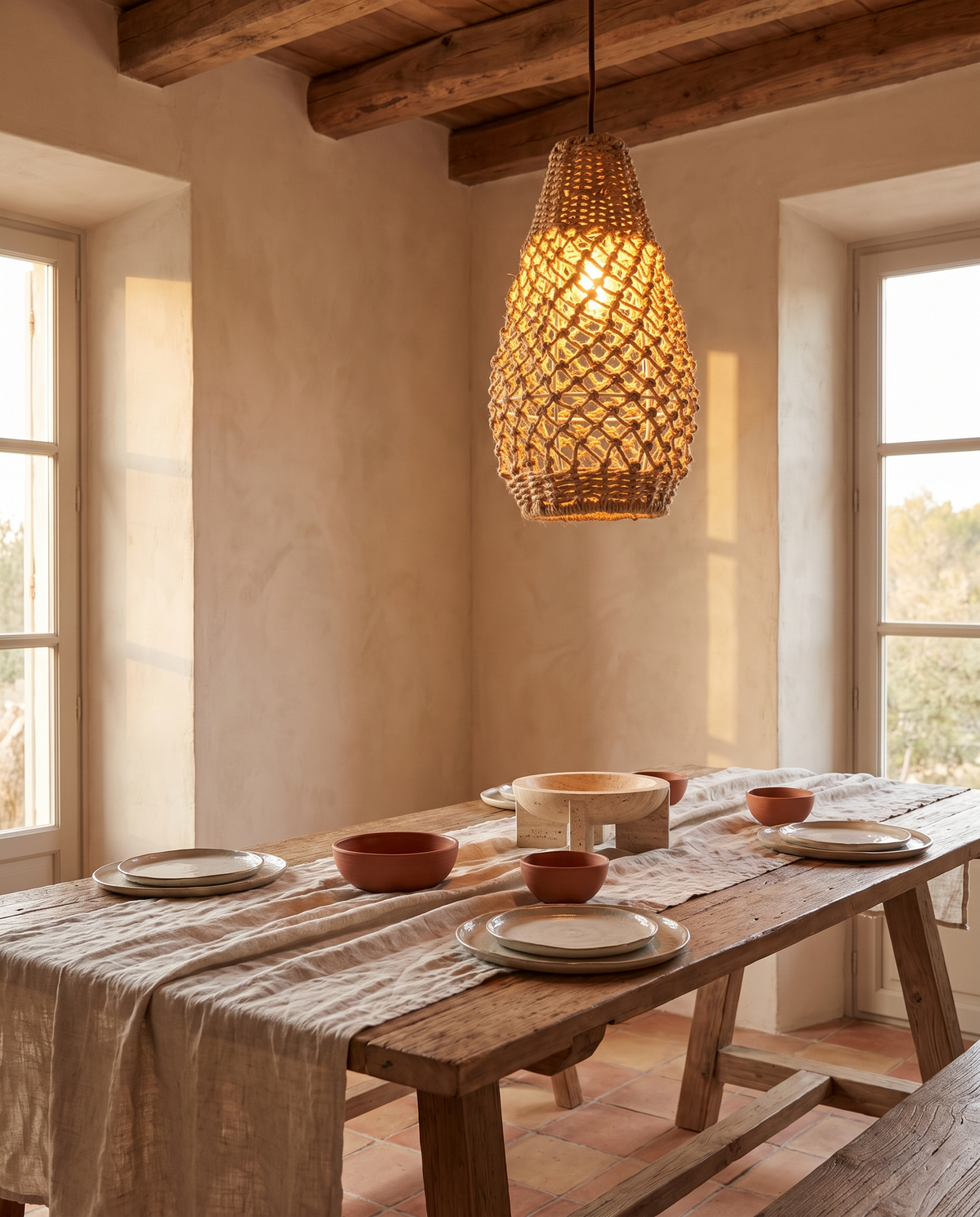Suspension poire en rotin en situation dans un intérieur