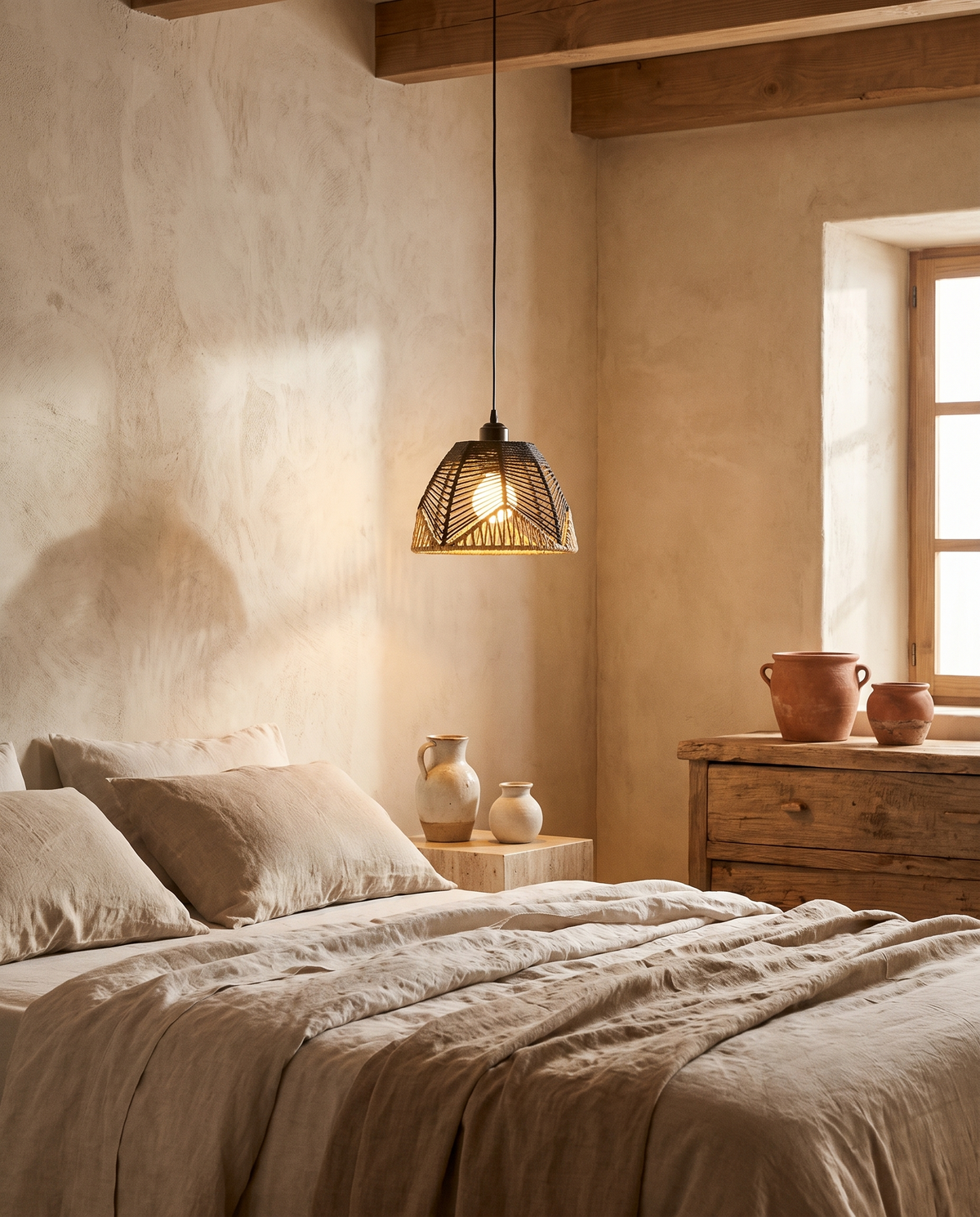 Suspension cloche bicolore en rotin noir et beige en situation dans un intérieur