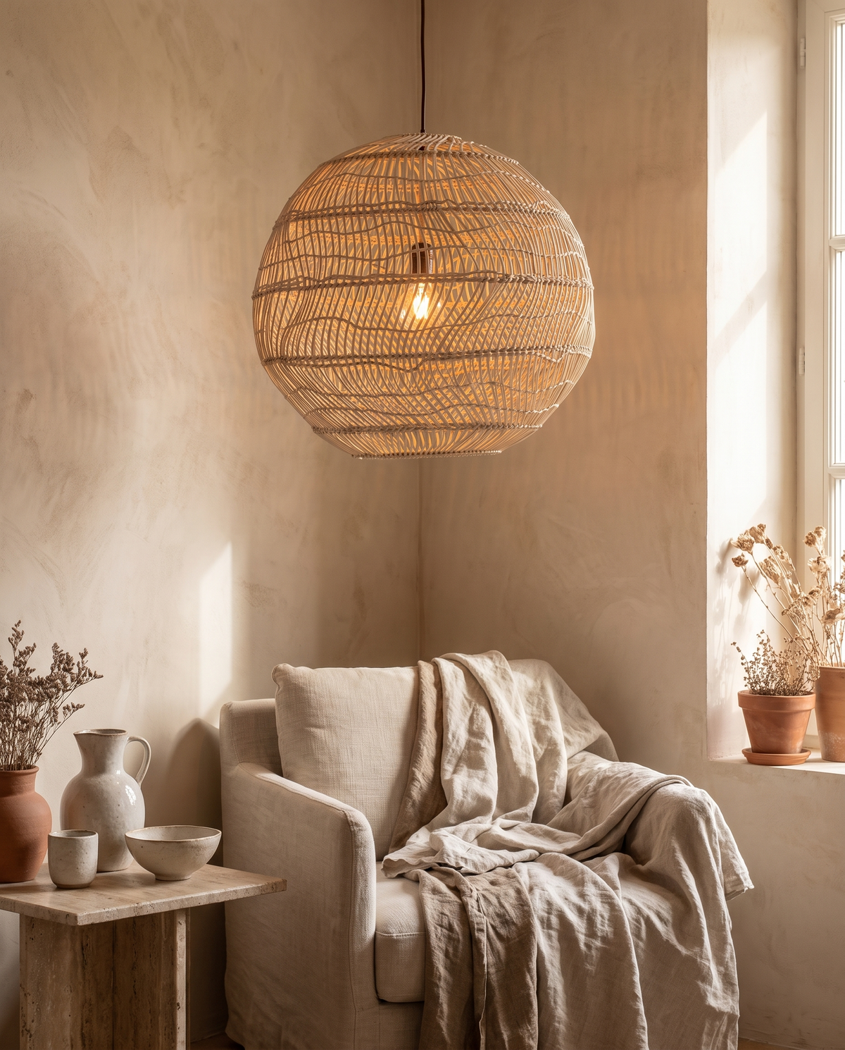 Suspension sphère en rotin en situation dans un intérieur