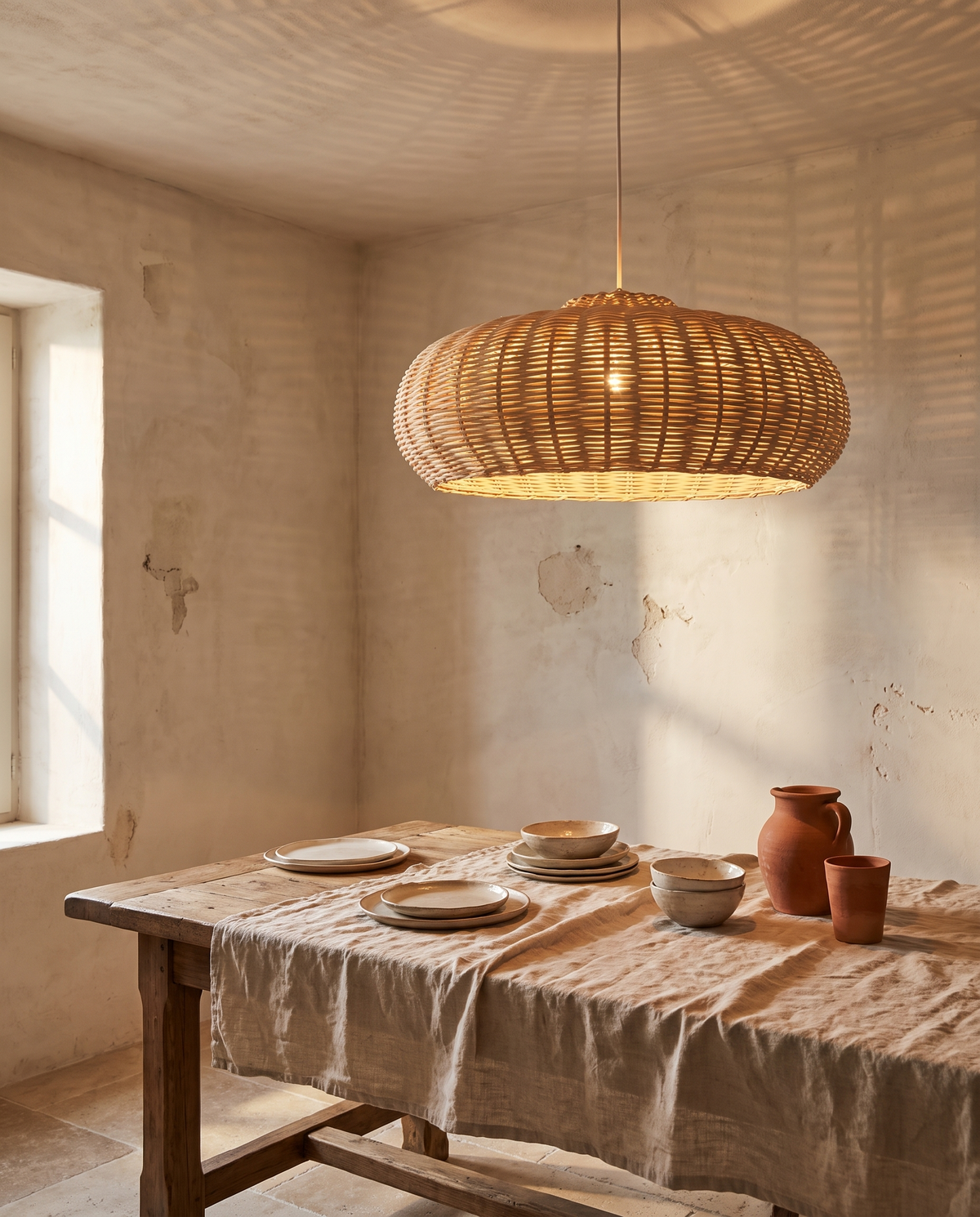 Luminaire en rotin à grosses mailles en situation dans un intérieur