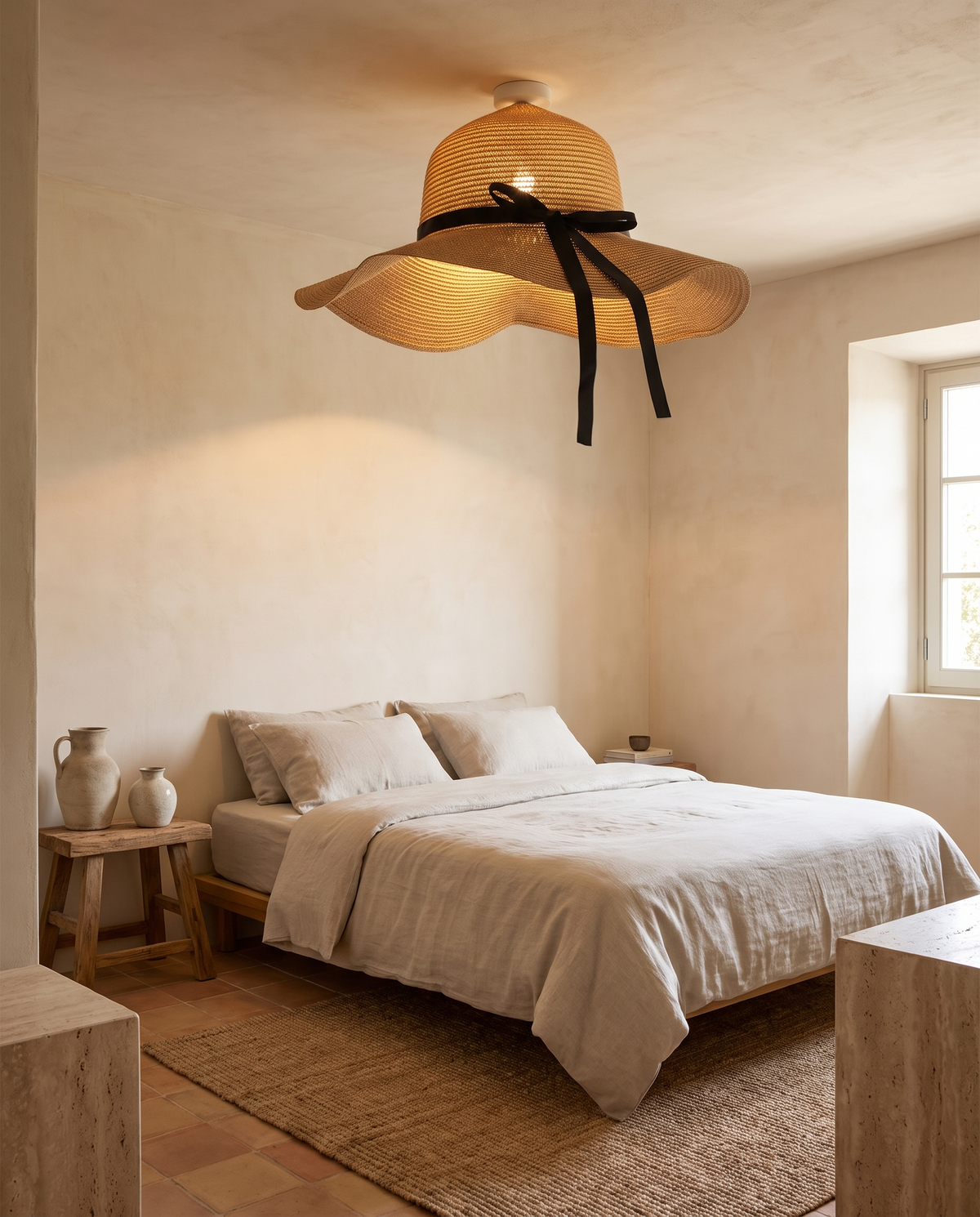Luminaire chapeau en rotin en situation dans un intérieur