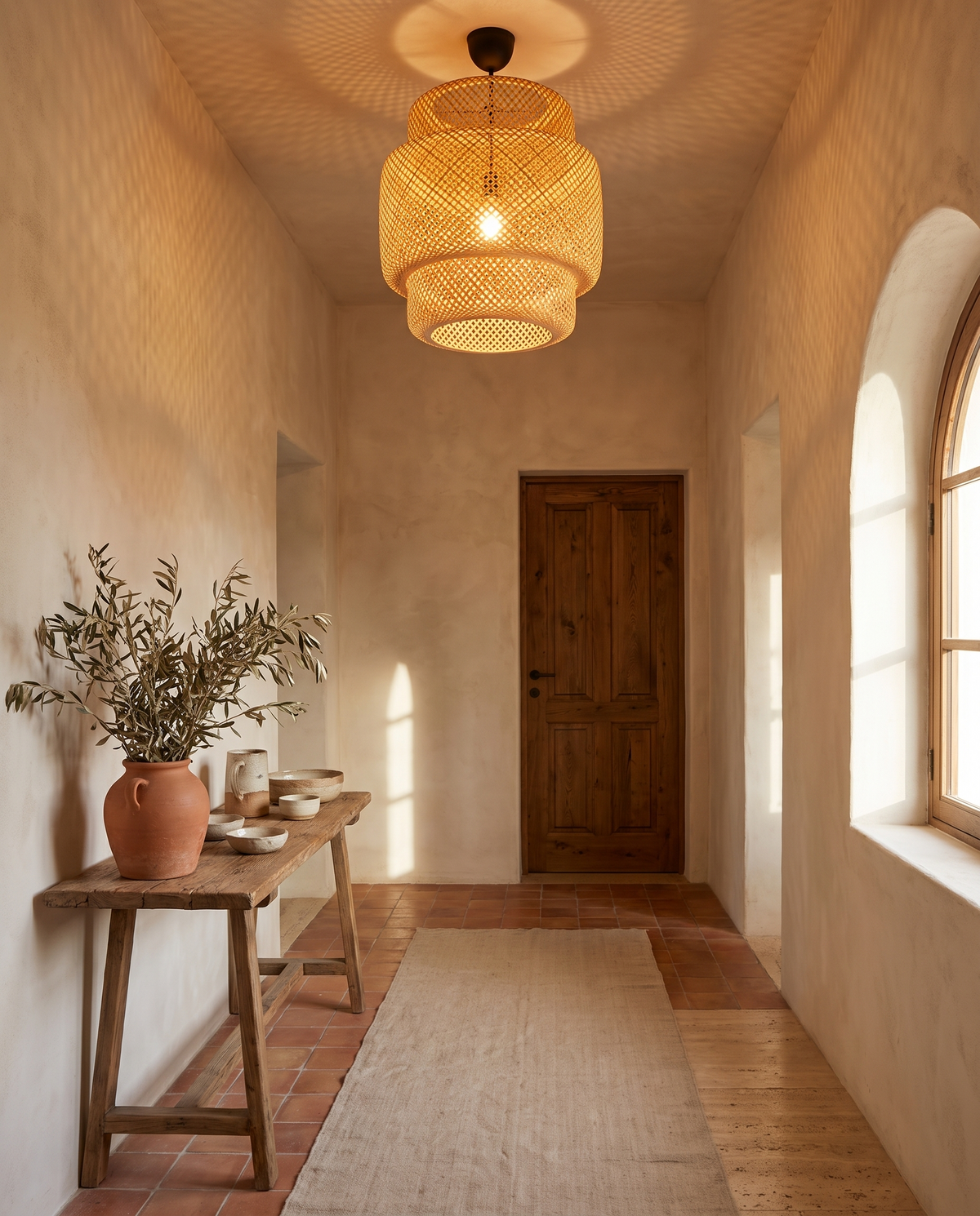 Luminaire en bambou tressé en situation dans un intérieur