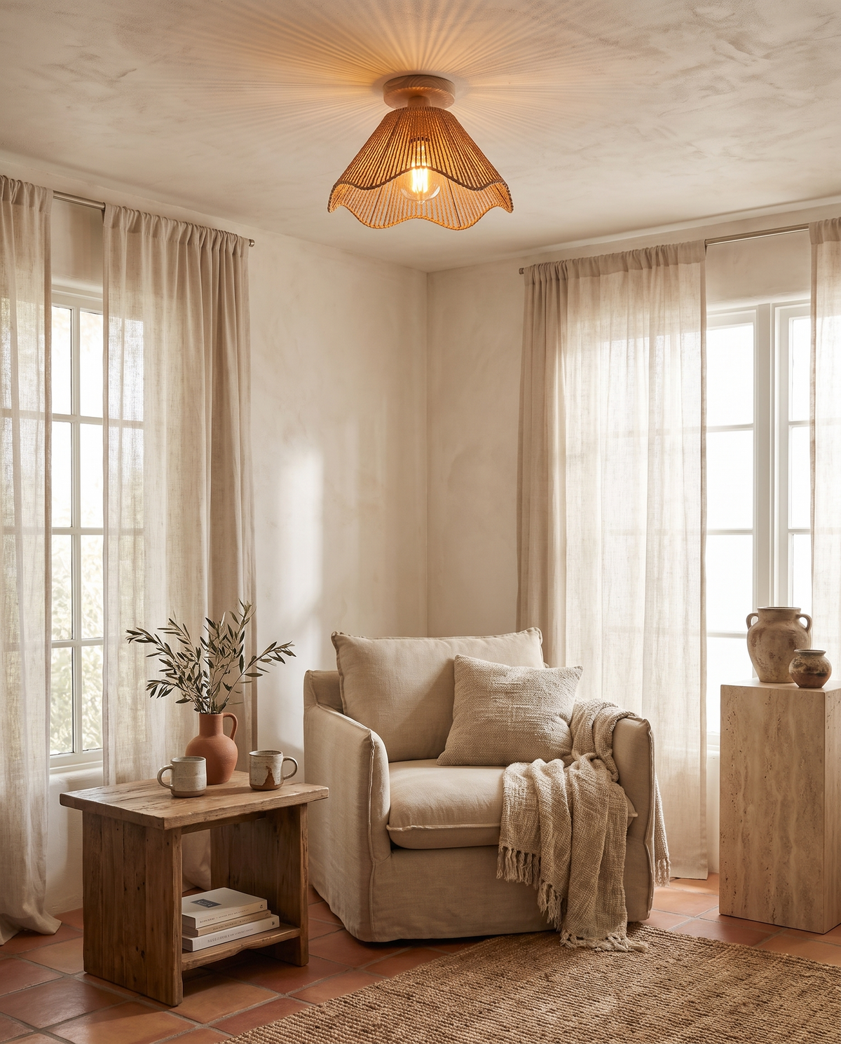 Plafonnier bohème en papier tressé effet rotin en situation dans un intérieur