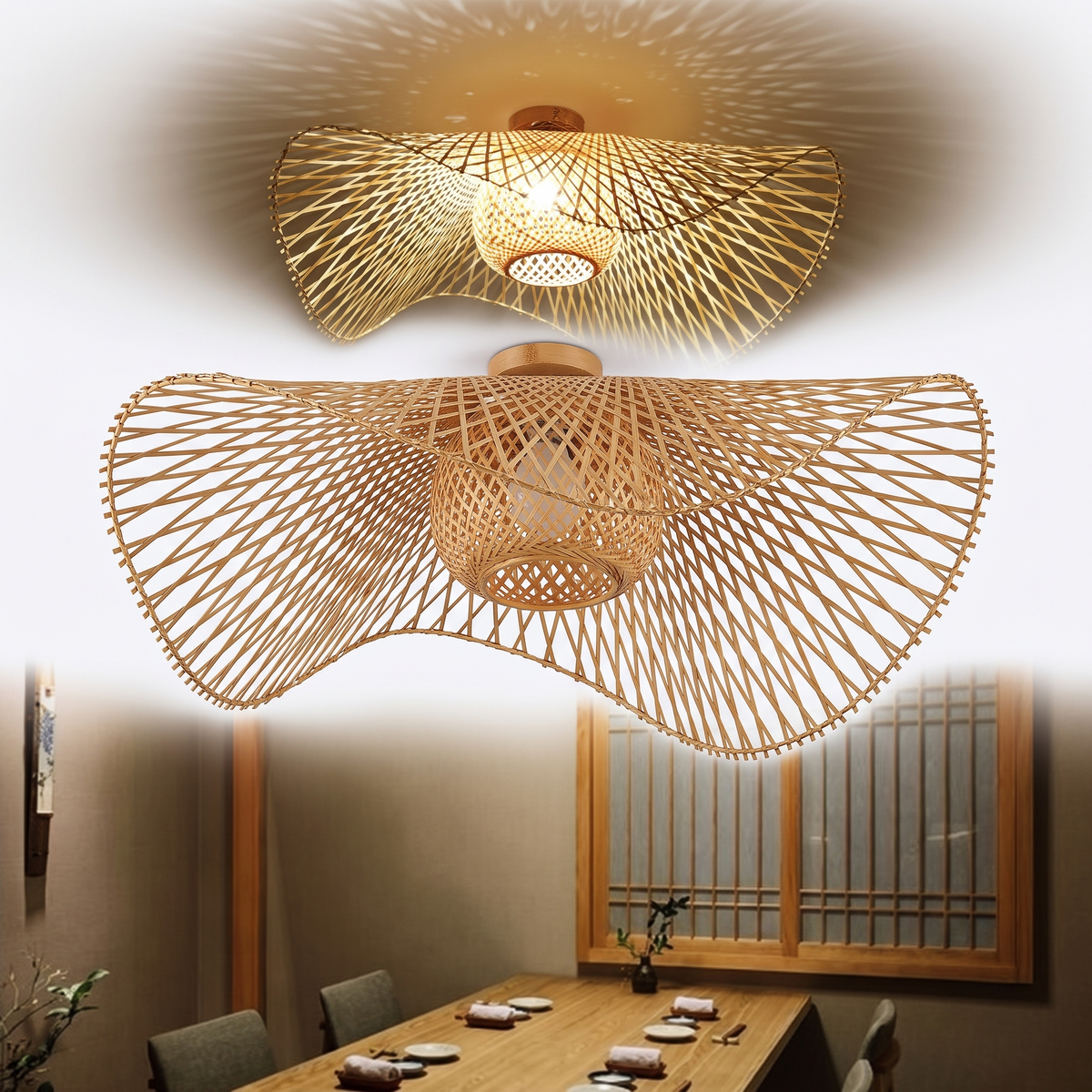 Plafonnier en rotin moderne sur fond blanc