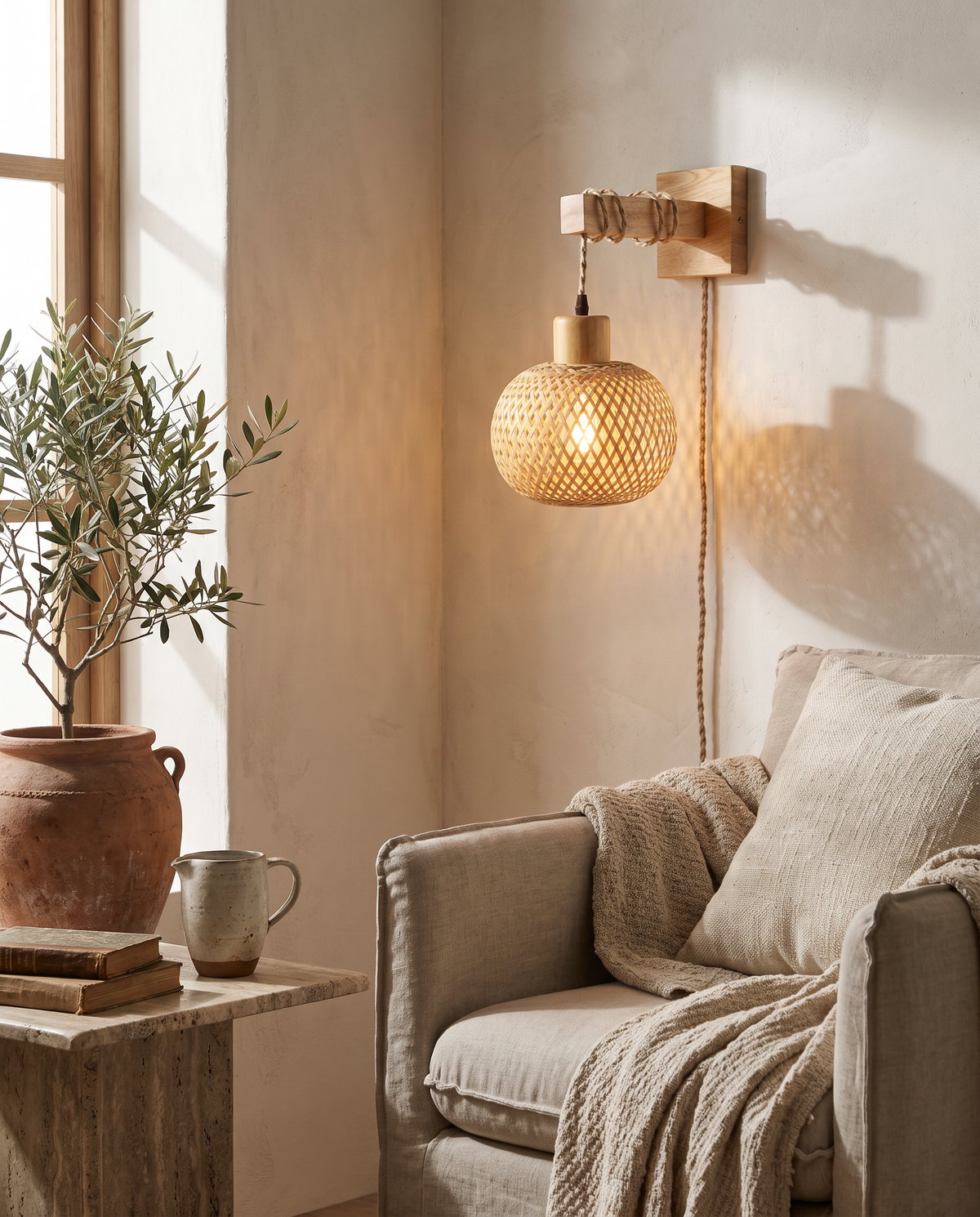 Applique sphère ajourée en rotin et bambou en situation dans un intérieur