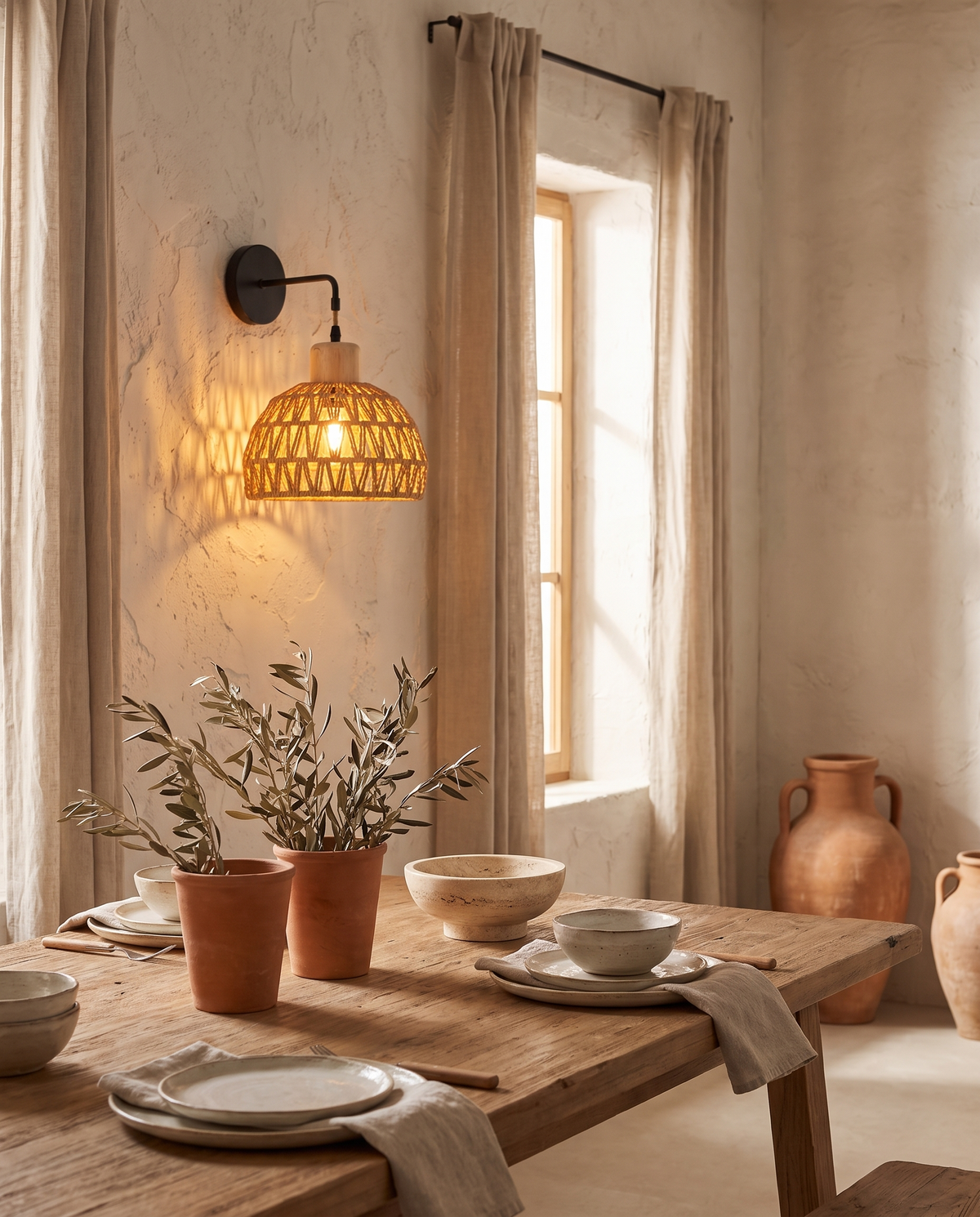Applique demi-sphère en rotin en situation dans un intérieur
