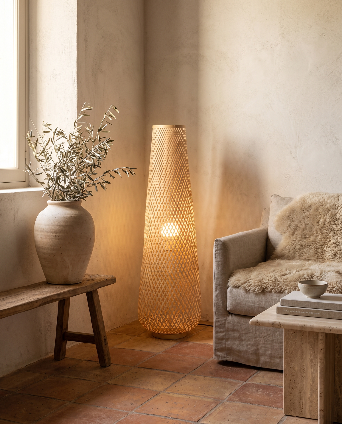 Lampe sur pied en bambou tressé en situation dans un intérieur