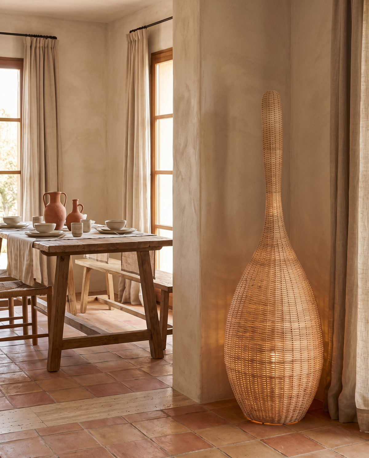 Lampe sur pied en osier en situation dans un intérieur