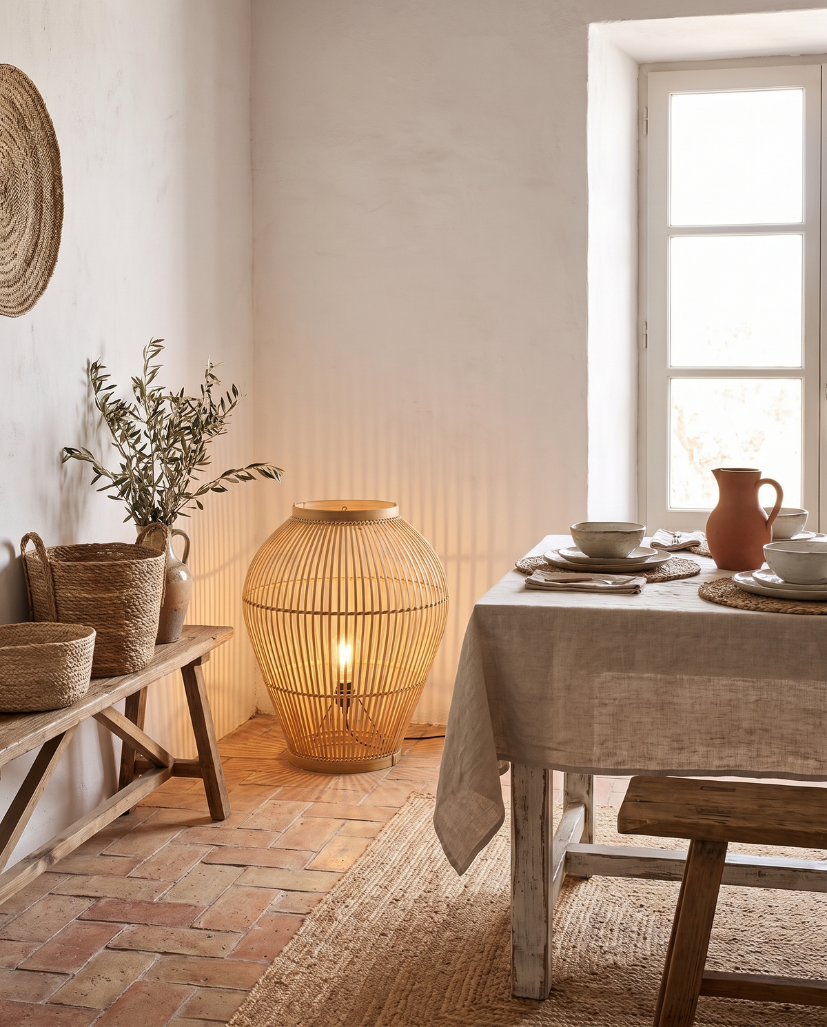 Lampadaire en rotin et bambou en situation dans un intérieur