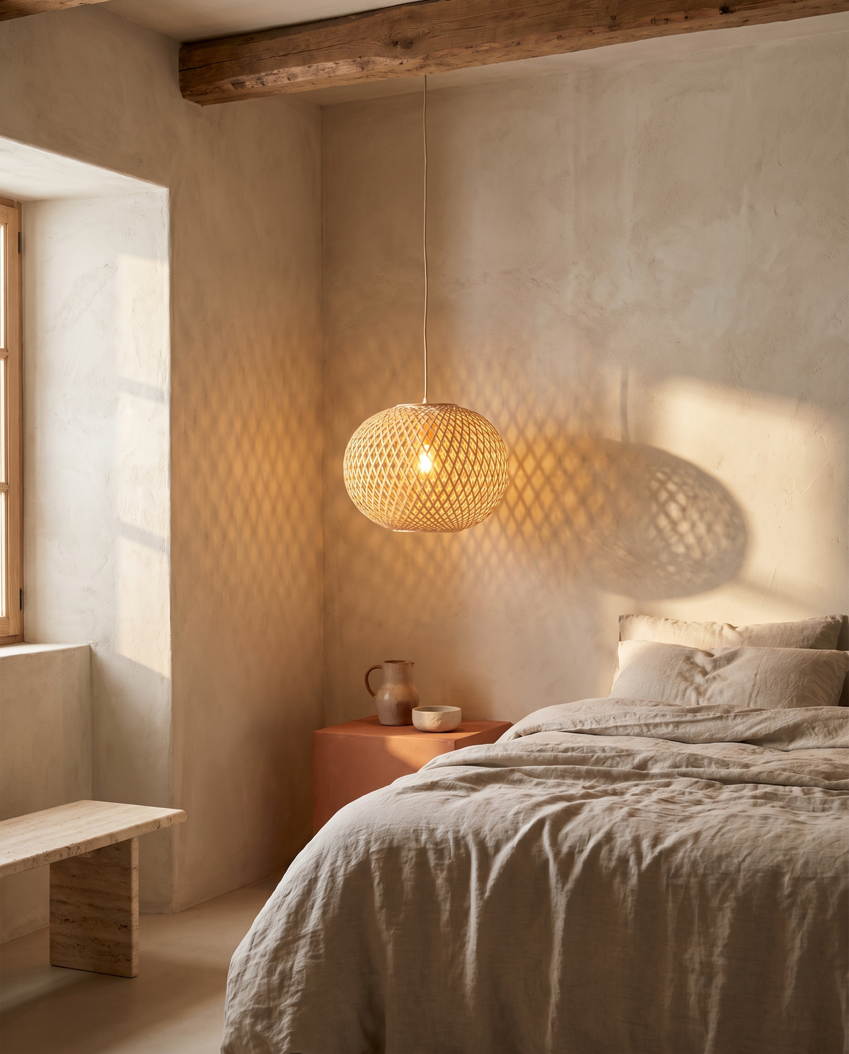 Abat-jour en rotin pour lampadaire ou suspension en situation dans un intérieur