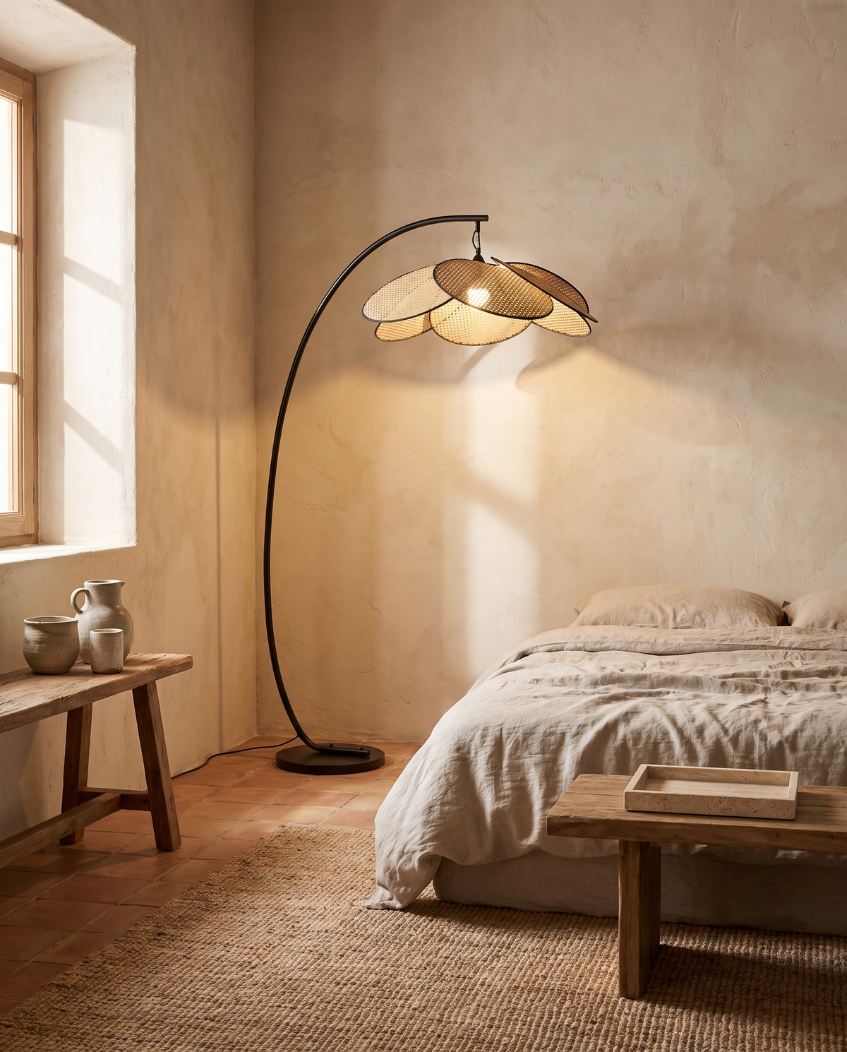 Lampadaire arche à pétales en rotin en situation dans un intérieur