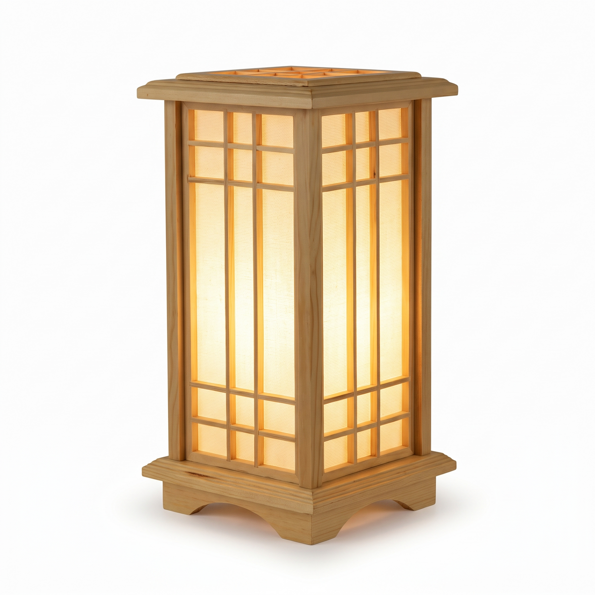 Lampe lanterne japonaise en bois et tissu sur fond blanc