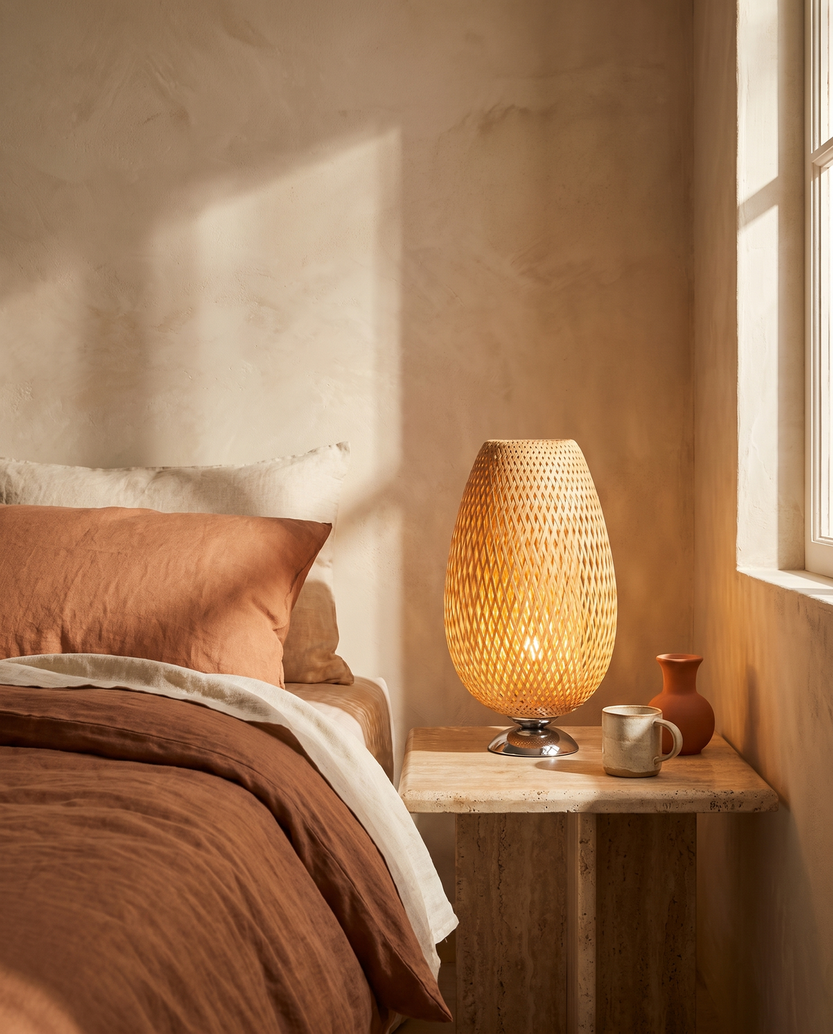 Lampe de chevet ovale en rotin en situation dans un intérieur