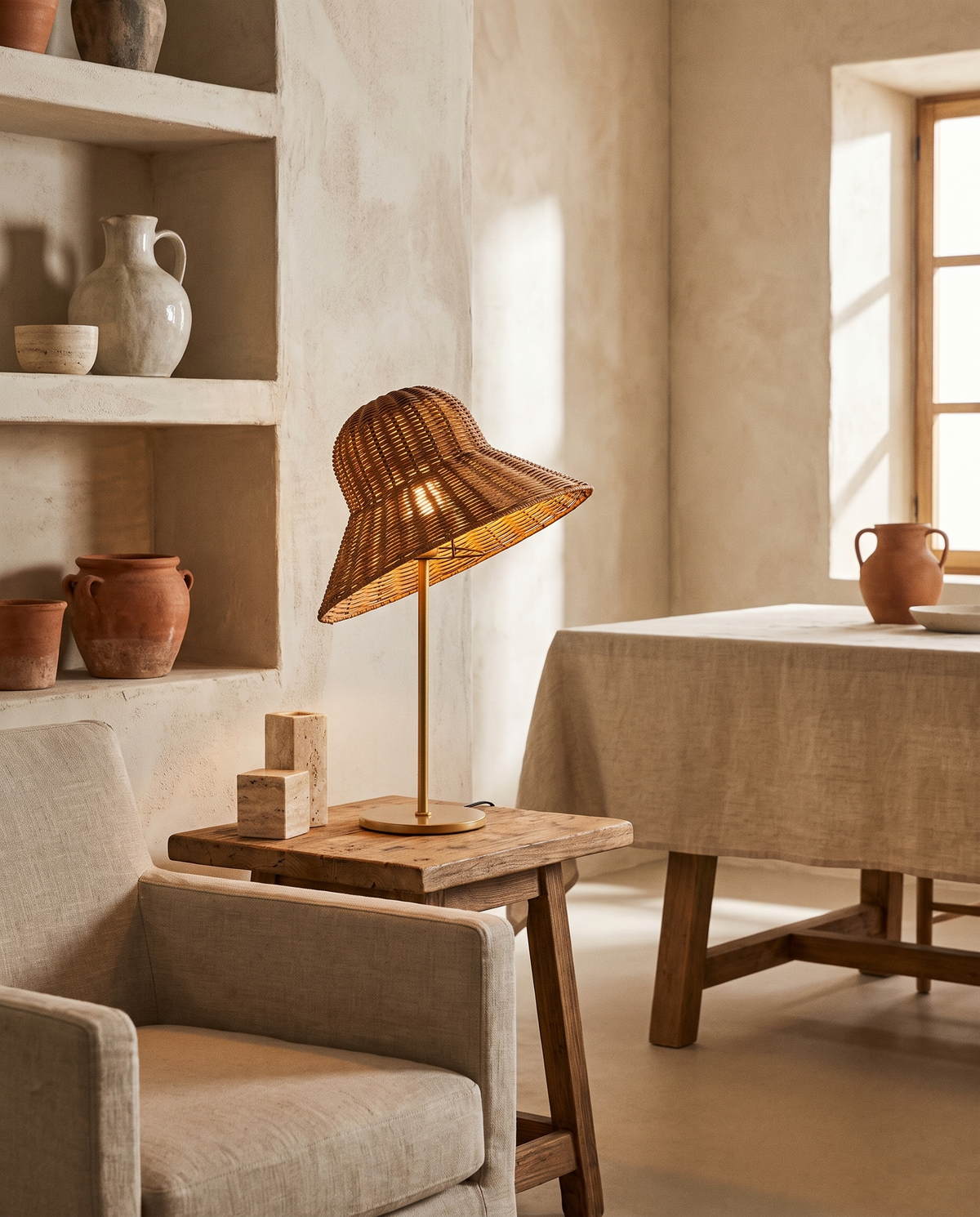 Lampe chapeau en rotin en situation dans un intérieur