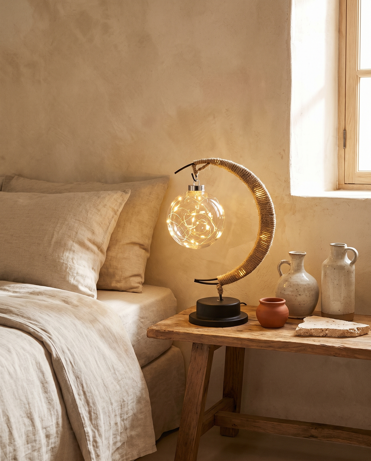 Lampe lune en corde de chanvre en situation dans un intérieur