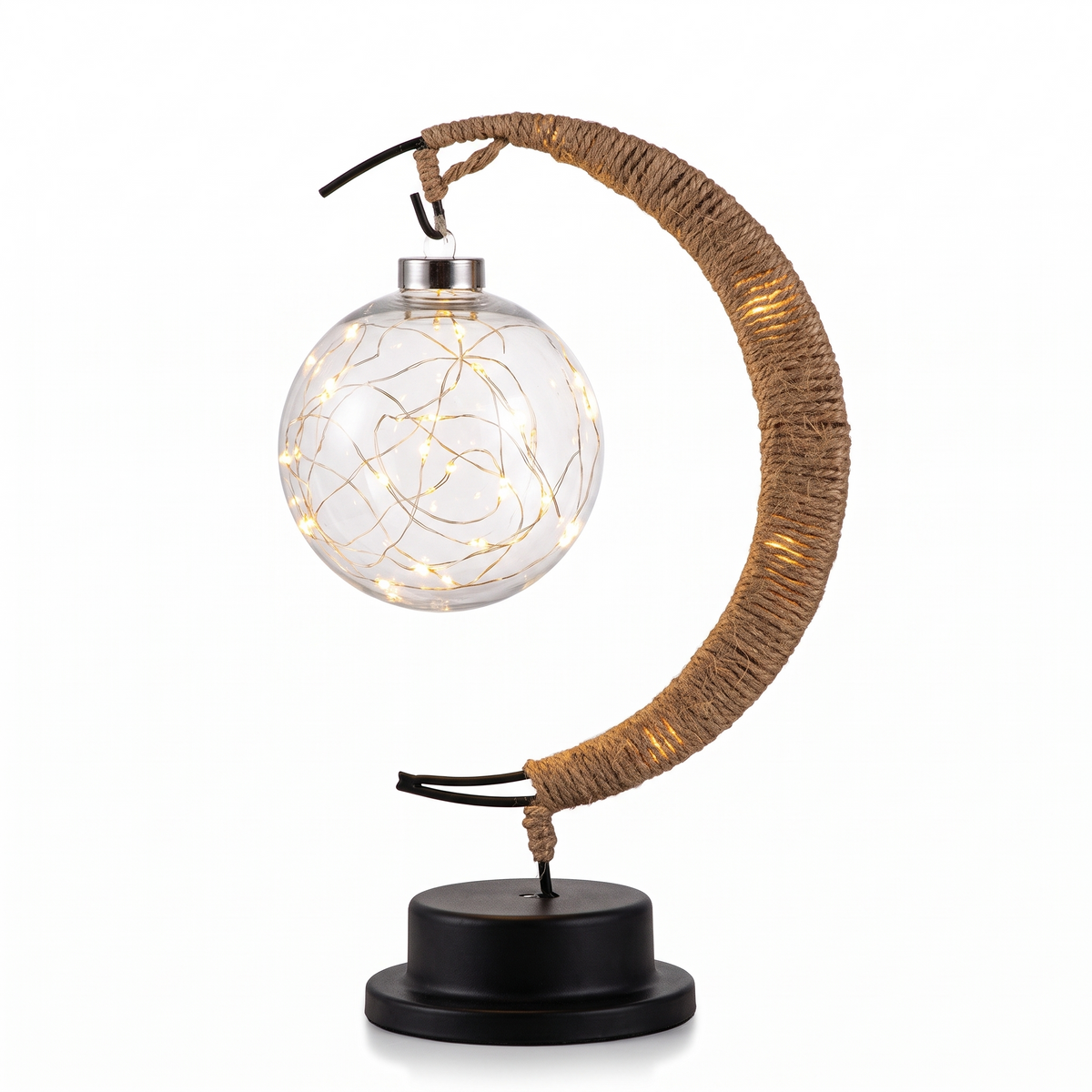 Lampe lune en corde de chanvre sur fond blanc