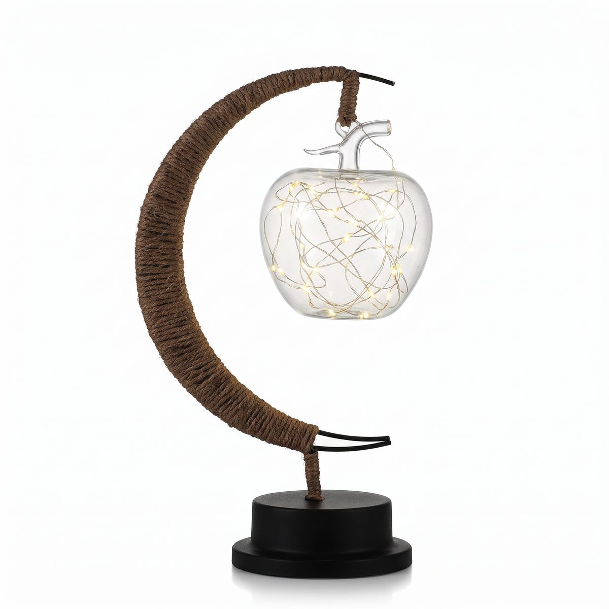 Lampe lune en corde de chanvre avec ampoule globe sur fond blanc
