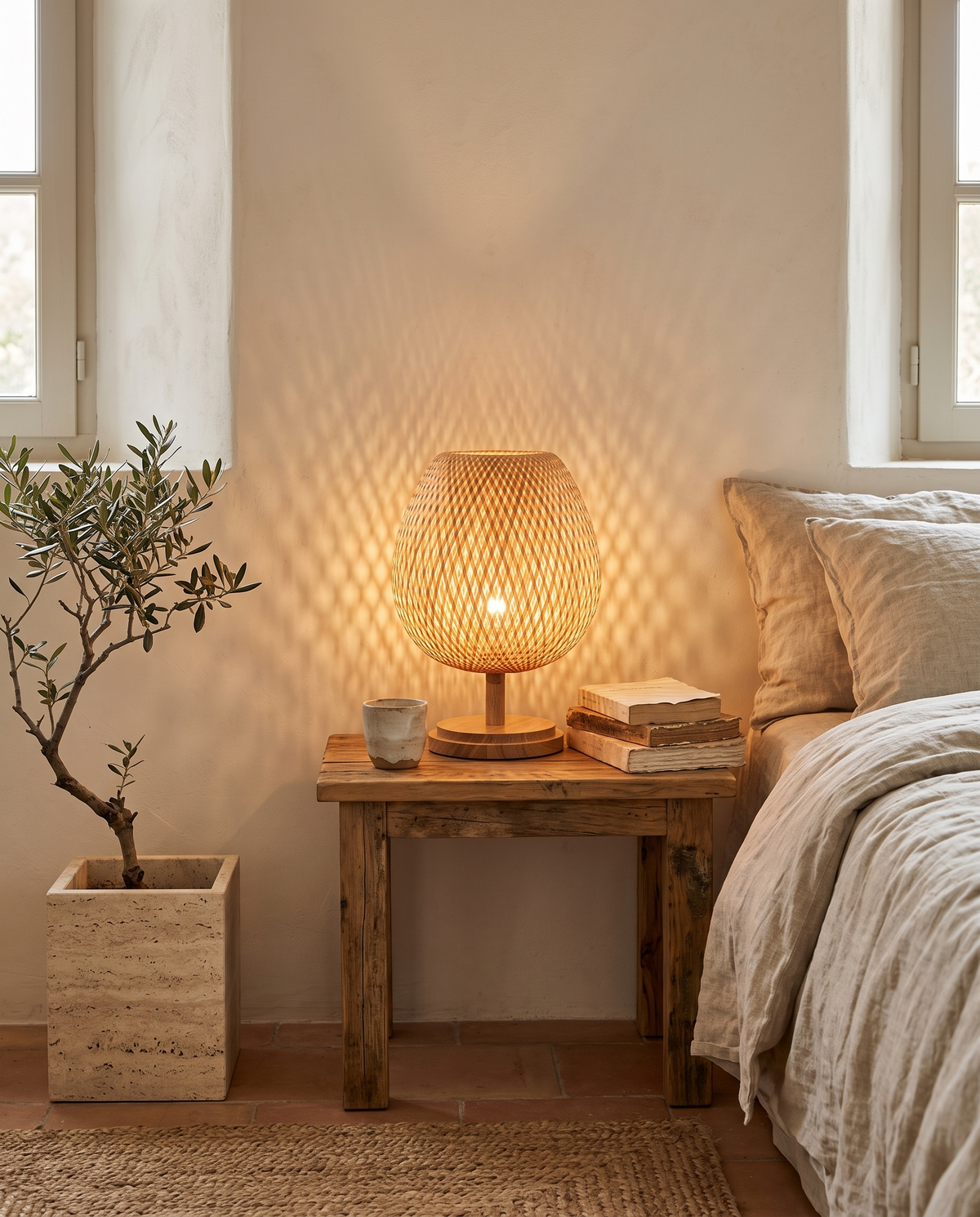 Lampe de chevet ronde en bambou tressé en situation dans un intérieur