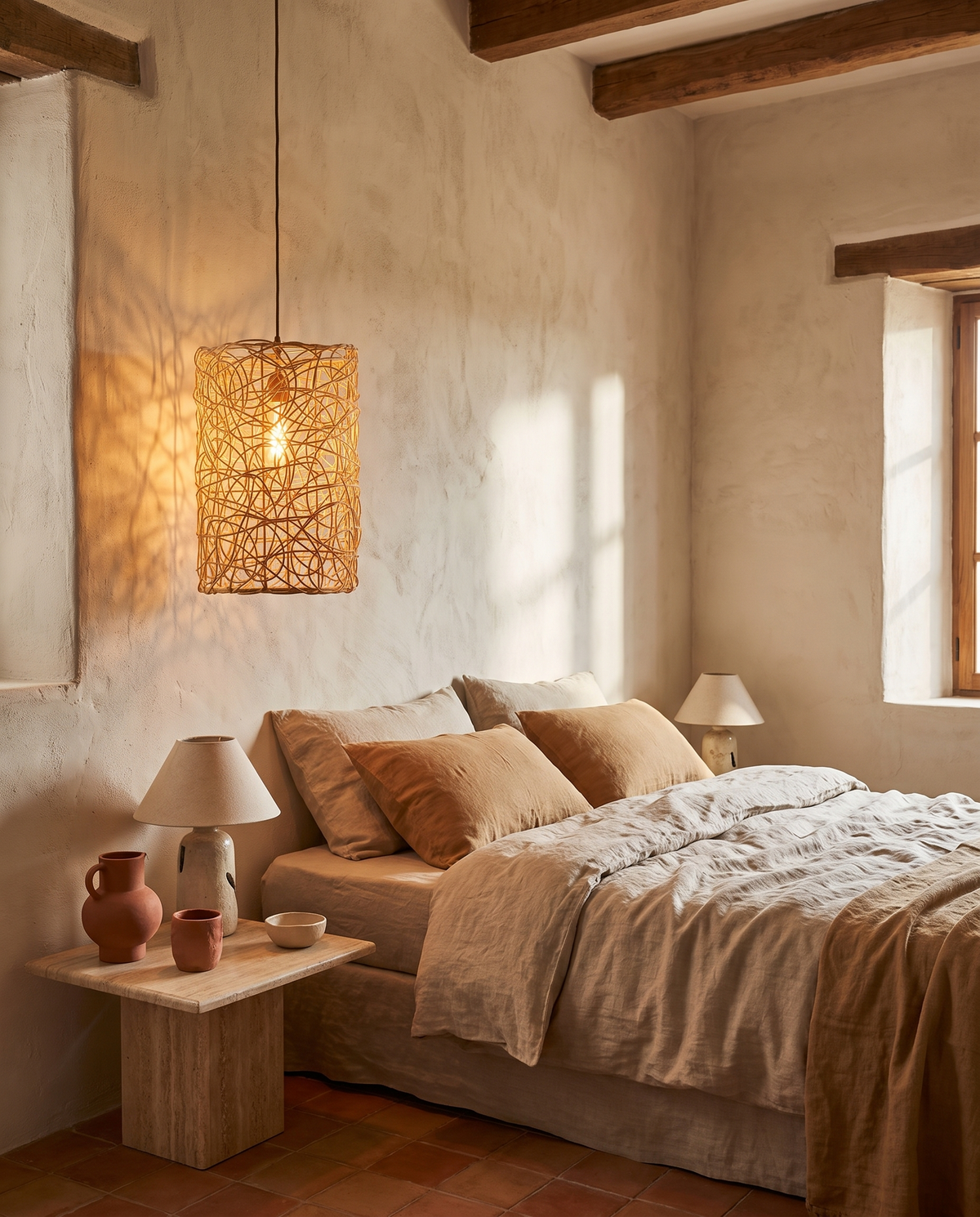 Abat-jour diffuseur en rotin pour lampe de chevet en situation dans un intérieur